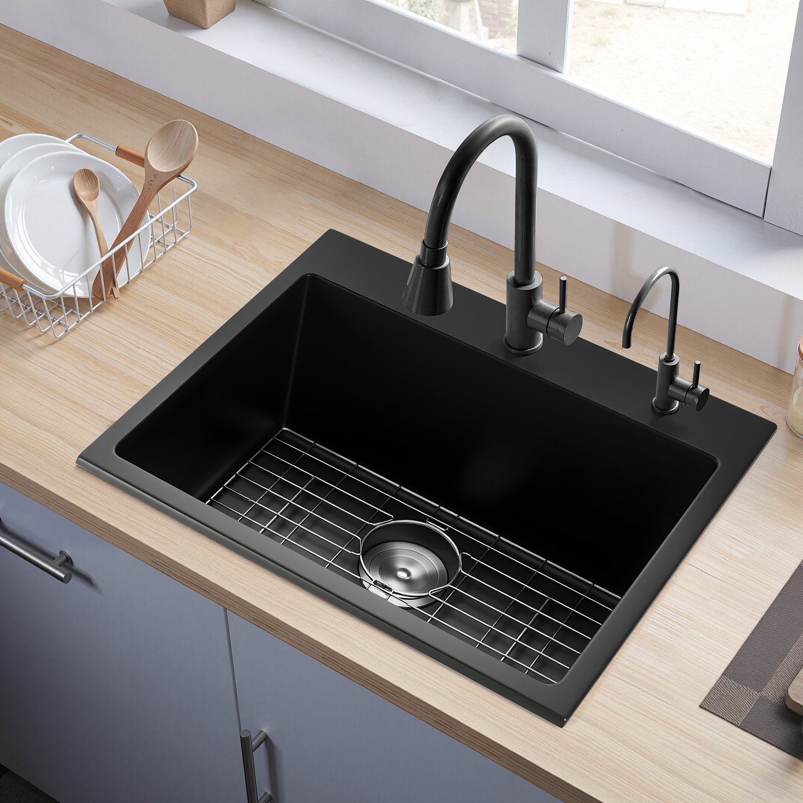 VEVOR Fregadero de Cocina de Granito de Un Seno Empotrado de Estilo Rústico, Montaje en Superficie, con Accesorios, para Autocaravanas, Cocinas de Preparación y Bares, Negro, 635 x 559 x 254 mm