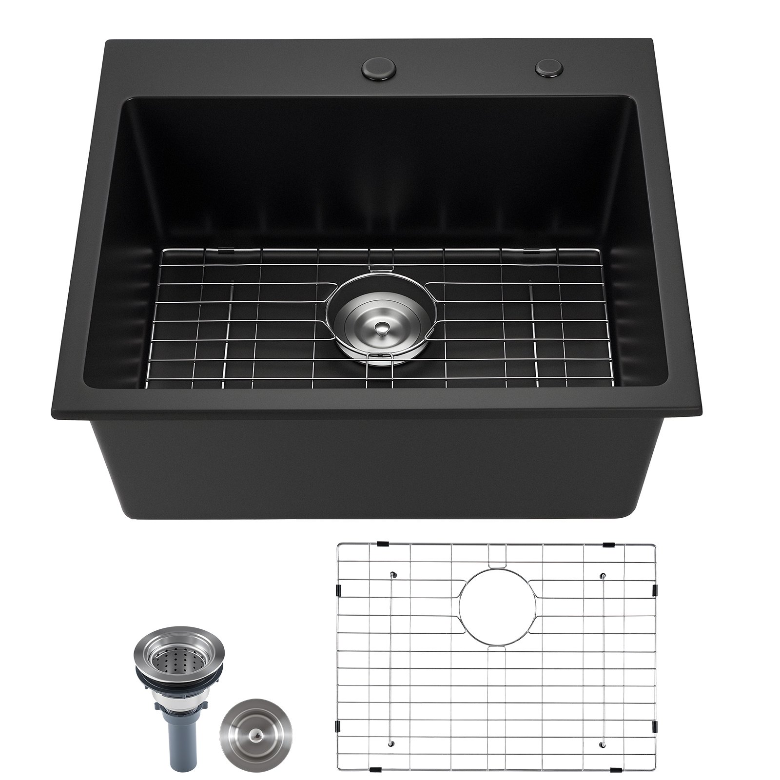 VEVOR Fregadero de Cocina de Granito de Un Seno Empotrado de Estilo Rústico, Montaje en Superficie, con Accesorios, para Autocaravanas, Cocinas de Preparación y Bares, Negro, 635 x 559 x 254 mm