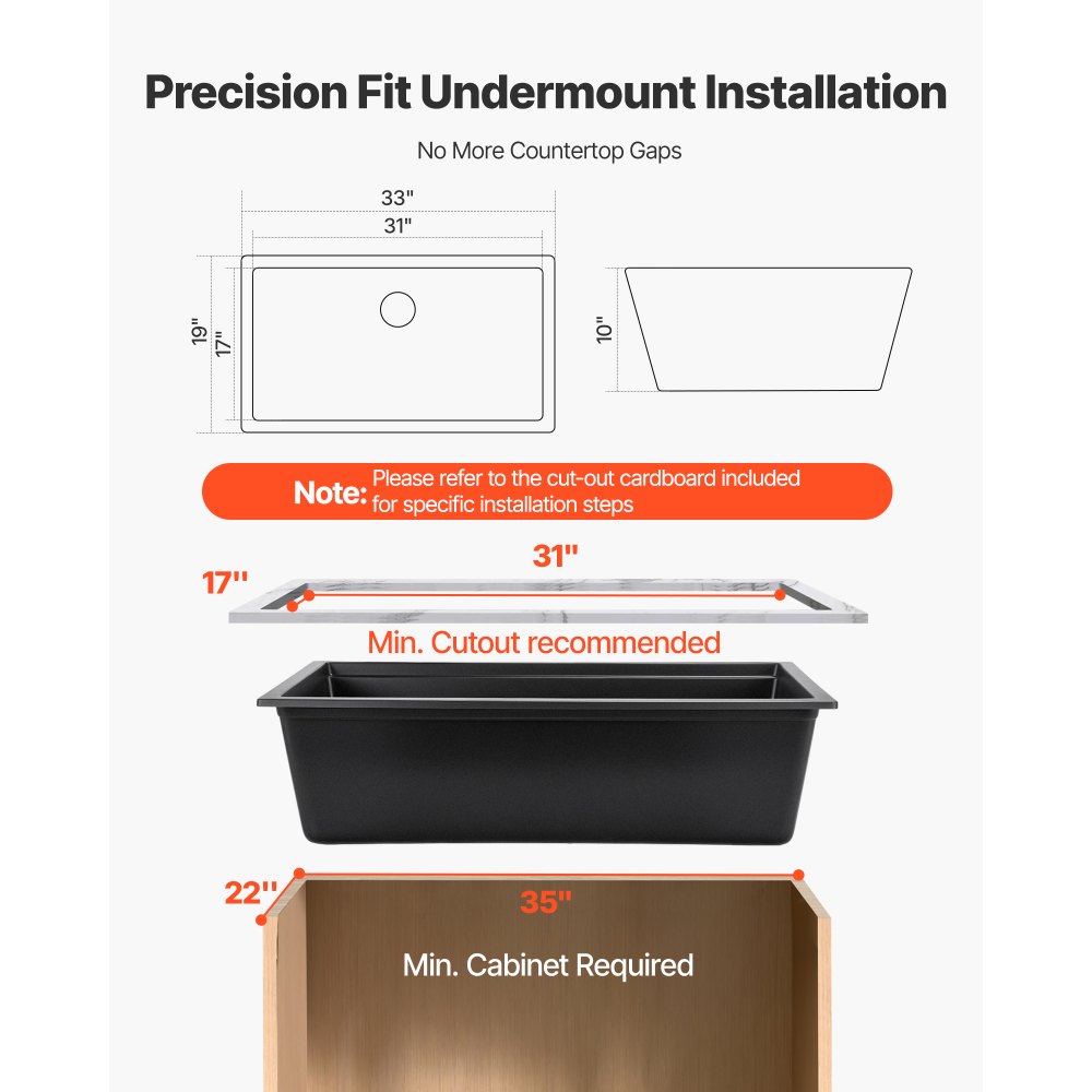 VEVOR Fregadero de Cocina de Granito 838 x 482 x 254 mm a Montaje en Superficie, Fregadero Empotrado de Estilo Rústico con Accesorios, para Autocaravanas, Cocinas de Preparación y Bares, Negro