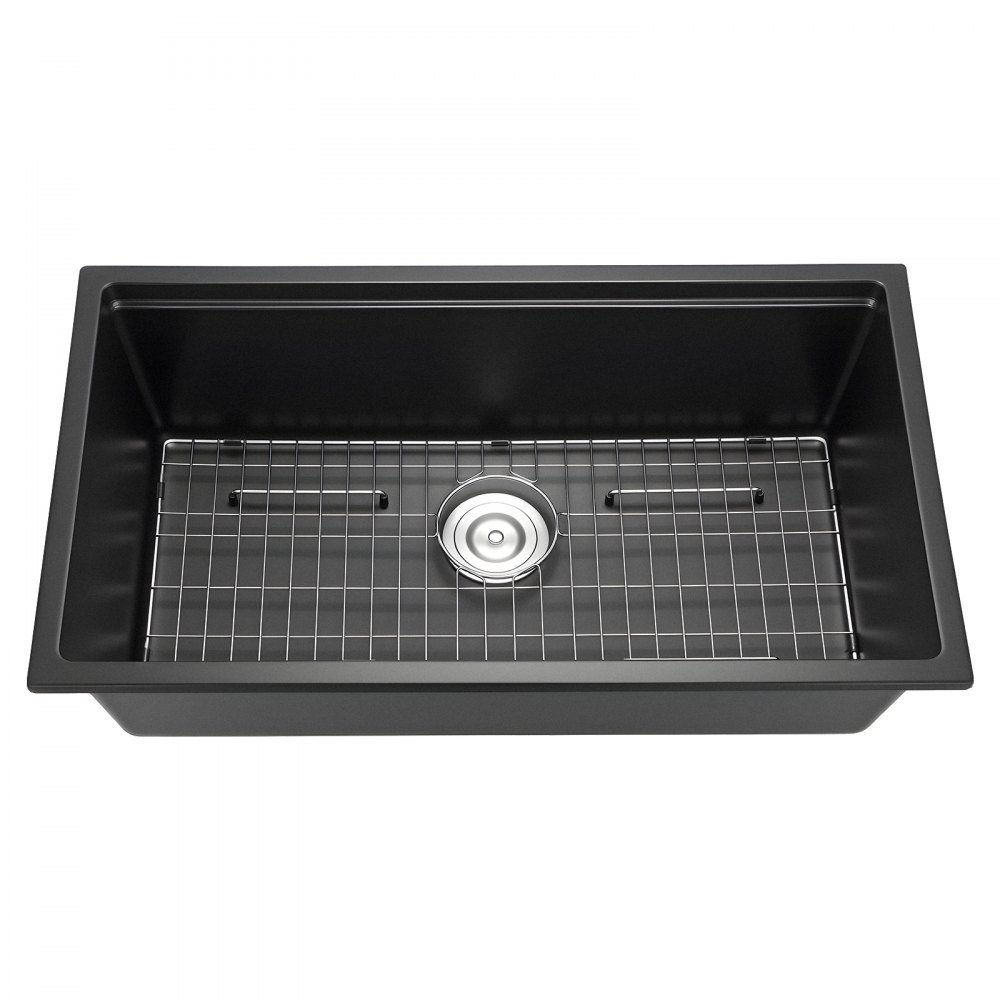 VEVOR Fregadero de Cocina de Granito 838 x 482 x 254 mm a Montaje en Superficie, Fregadero Empotrado de Estilo Rústico con Accesorios, para Autocaravanas, Cocinas de Preparación y Bares, Negro