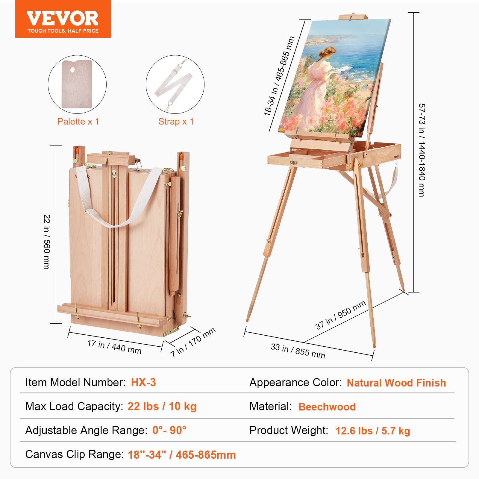 VEVOR Caballete Francés con Capacidad para Lienzos de hasta 865mm Caballete Plegable de Madera de Haya con Cajón, Paleta y Correa, Ángulo y Altura Ajustables, Caballete Portátil para Pintura Artística