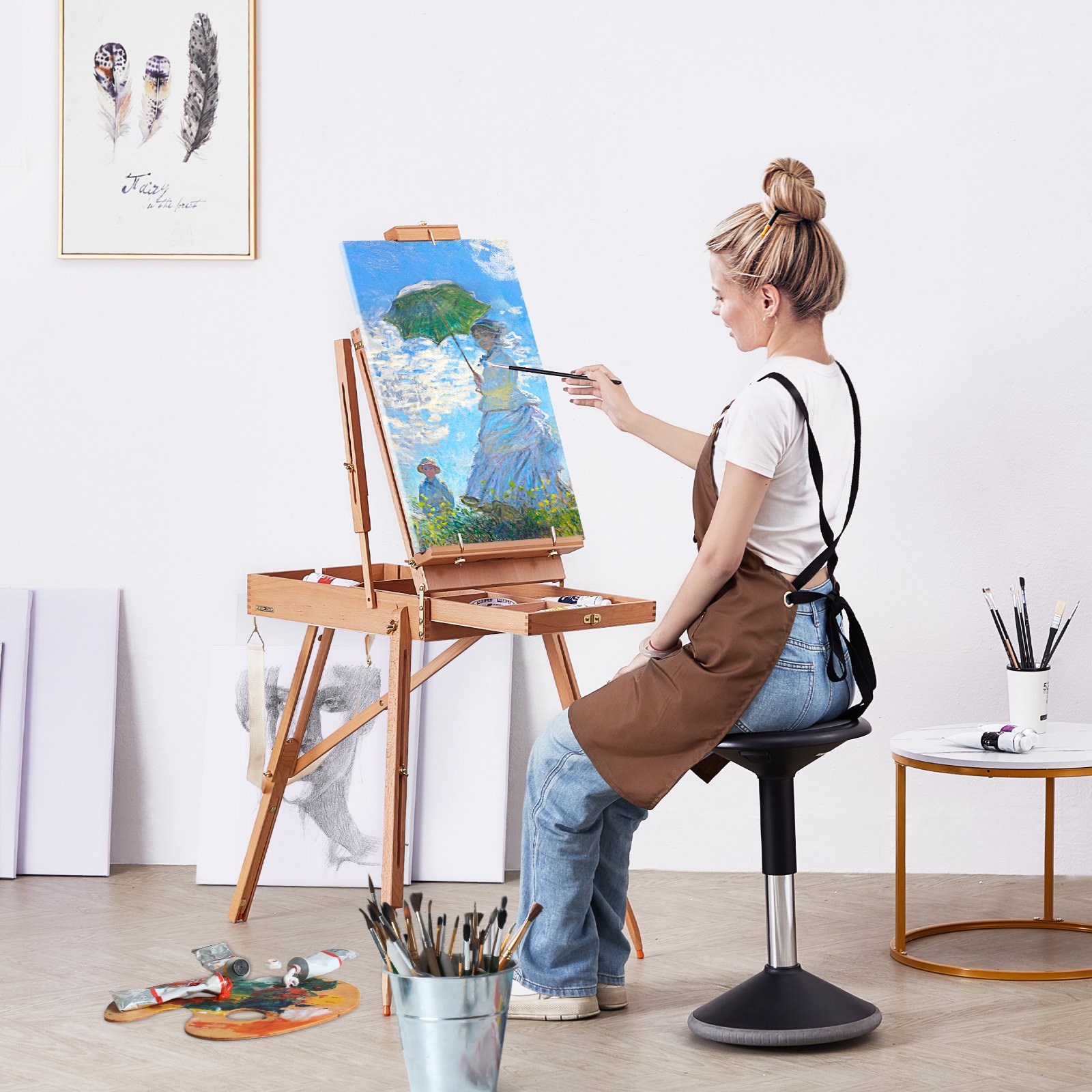 VEVOR Caballete Francés con Capacidad para Lienzos de hasta 865mm Caballete Plegable de Madera de Haya con Cajón, Paleta y Correa, Ángulo y Altura Ajustables, Caballete Portátil para Pintura Artística