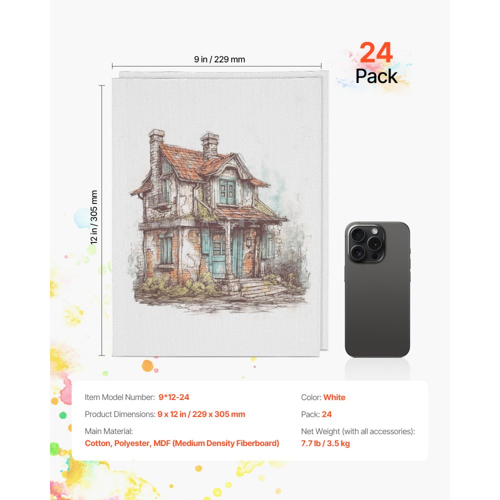 VEVOR Canvas Panels (229 x 305 mm) for Painting, Canvas Set of 24 Pieces Made of Cotton, Painting Canvas Panels for Sketching Acrylic and Oil Painting Watercolor Painting Canvas for Professionals and Beginners White