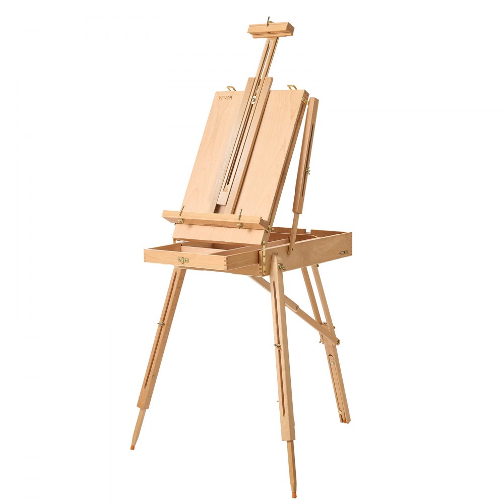 VEVOR Caballete Francés de Madera Plegable y Portátil para Lienzo de 86 cm, para Pintor Artista Estudio, Soporte de Trípode, con Cajón de 2 Niveles, Paleta, Correa de Hombro, Altura y Ángulo Ajustable