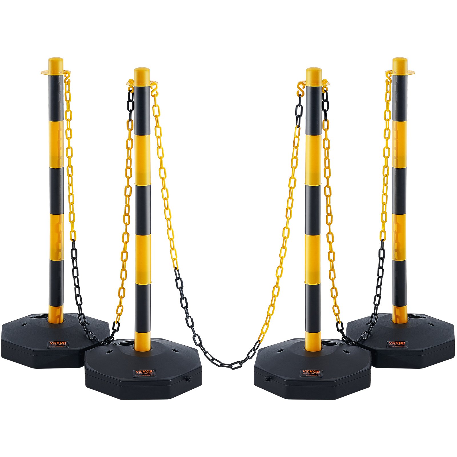 VEVOR Poste de Tráfico 4 Piezas Poste Límite con Base Rellenable Cono de Tráfico de Altura Ajustable Cadena Larga 2,4 m para Control de Tráfico Sitio de Construcción Estacionamiento, Amarillo y Negro