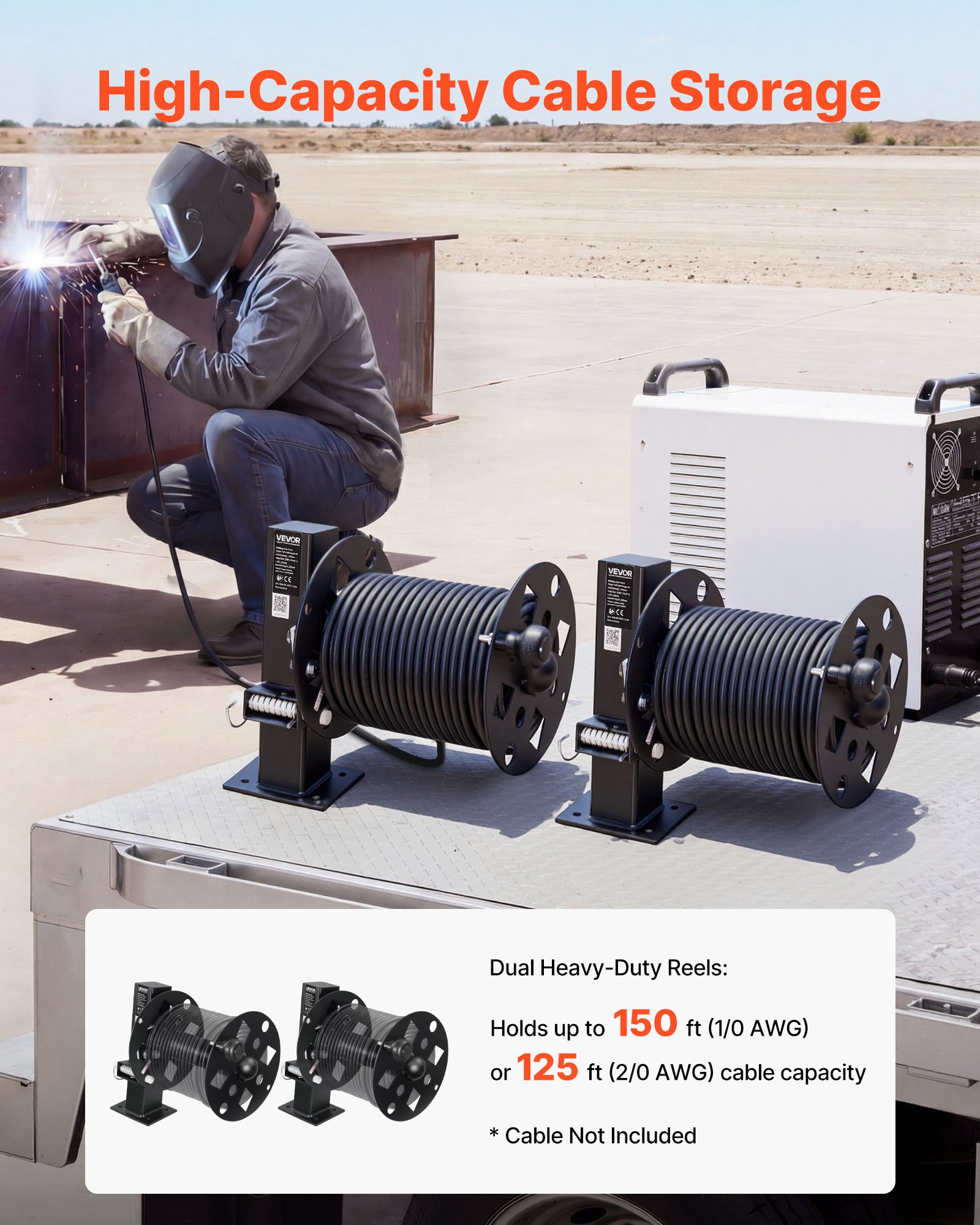 VEVOR Carrete de Cable de Soldadura, Juego de 2, Enrollador de Manguera de Acero para 45,7 m (50 mm²) y 38 m (70 mm²), con Pasador de Bloqueo para Obras, Camiones de Servicio y Mantenimiento de Flotas