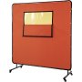 Cortina de soldadura VEVOR con tela naranja y ventana transparente sobre estructura de metal con ruedas.