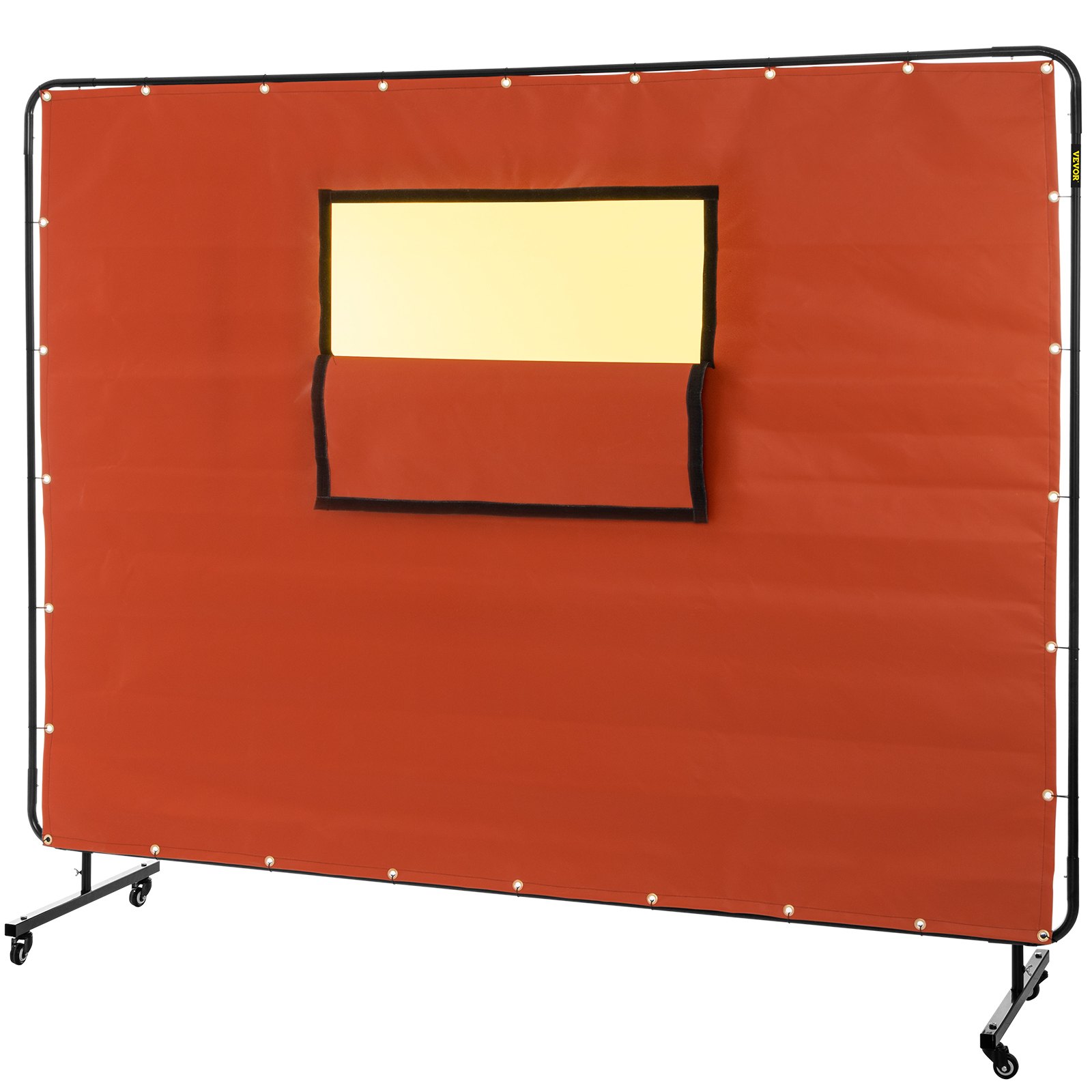 Cortina de soldadura VEVOR con ventana, montada sobre estructura metálica con ruedas.