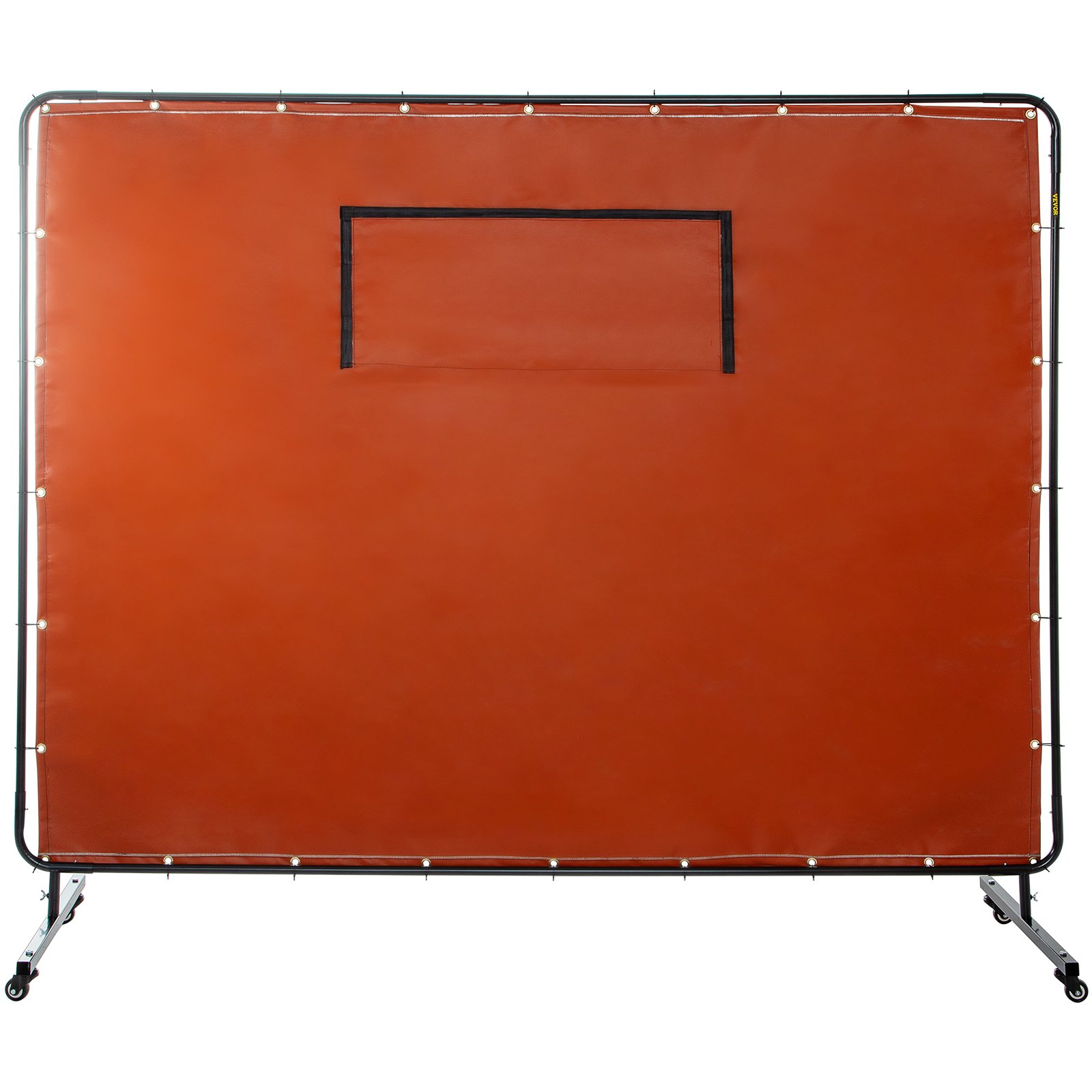Cortina de soldadura VEVOR en color naranja con marco negro y ruedas para uso móvil.