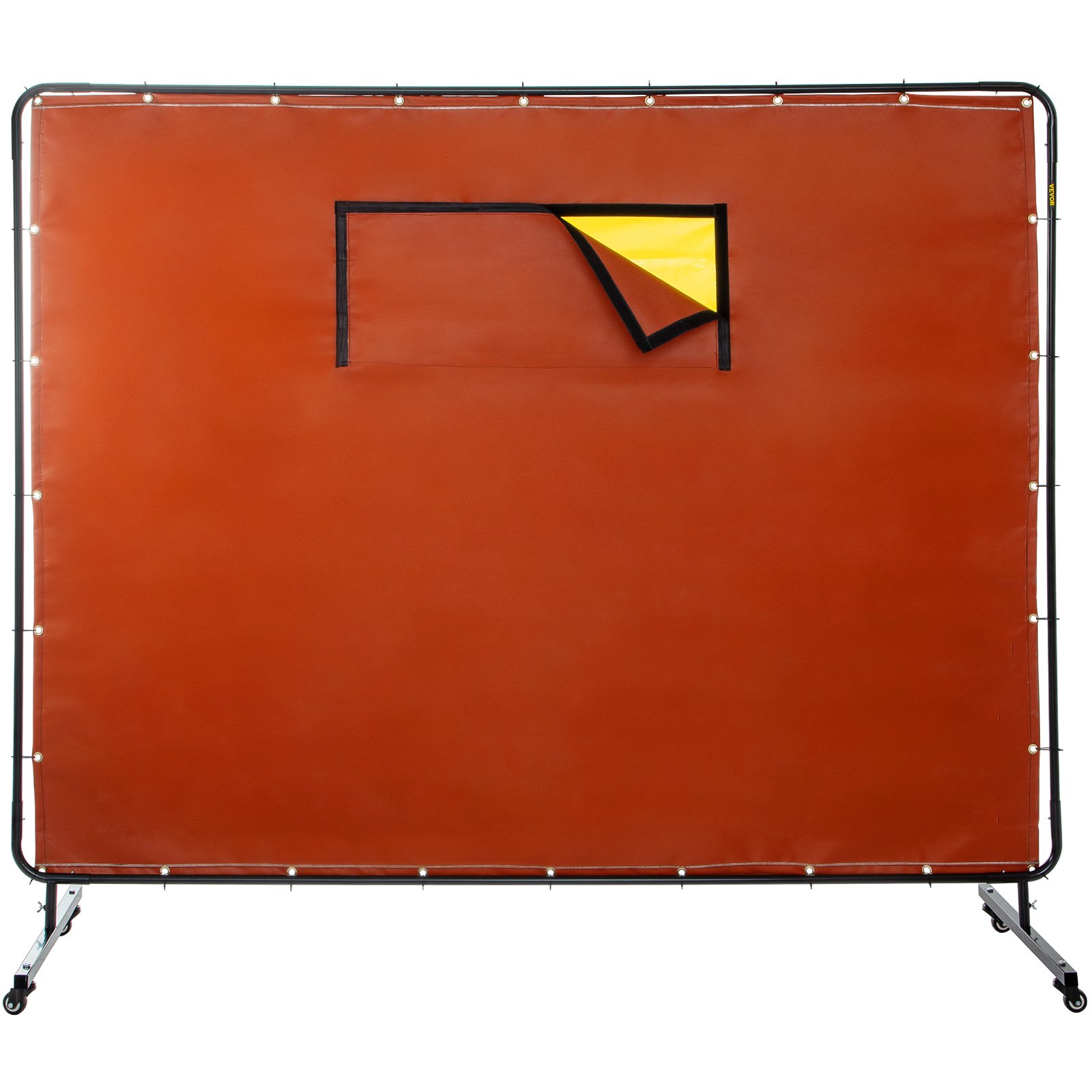 Cortina de soldadura VEVOR, roja con ventana de inspección amarilla sobre marco de metal con ruedas.