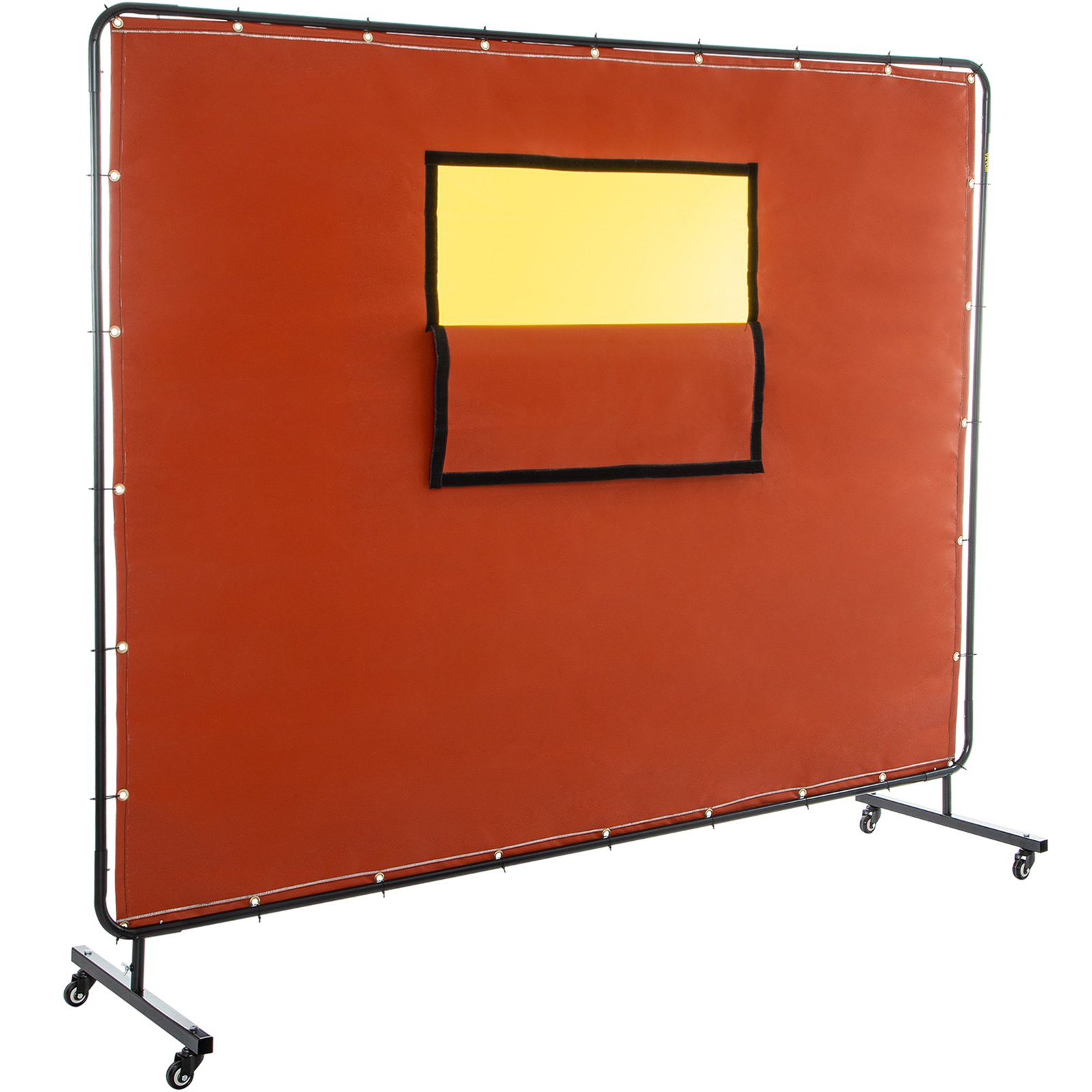 Cortina de soldadura roja VEVOR con solapa de ventana sobre estructura metálica con ruedas