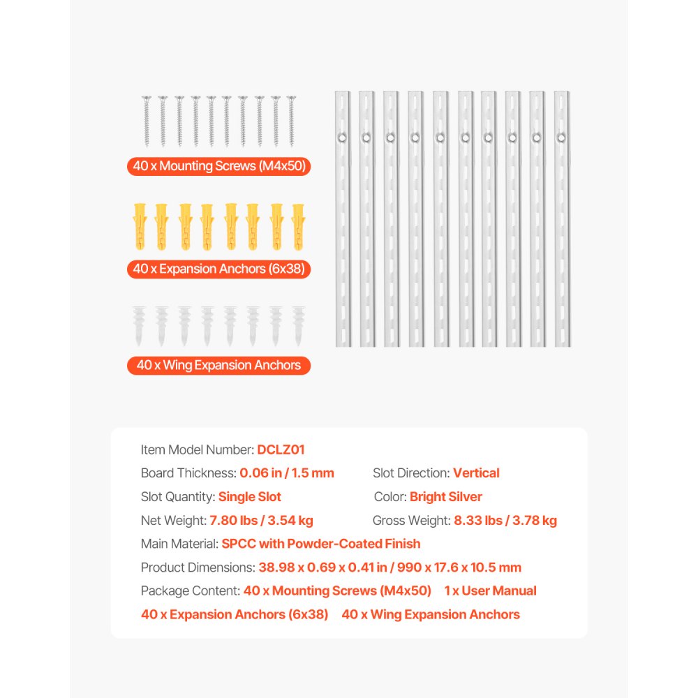 VEVOR 10 PCS Riel Vertical para Estante 990 x 17,6 x 10,5 mm, Soportes Ajustables de Acero Inoxidable con 40 Tornillos Ideales para Estanterías de Pared, Armarios y Organización, Plata Brillante