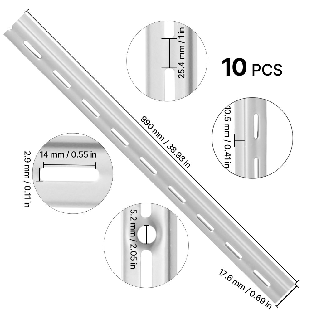 VEVOR 10 PCS Riel Vertical para Estante 990 x 17,6 x 10,5 mm, Soportes Ajustables de Acero Inoxidable con 40 Tornillos Ideales para Estanterías de Pared, Armarios y Organización, Plata Brillante