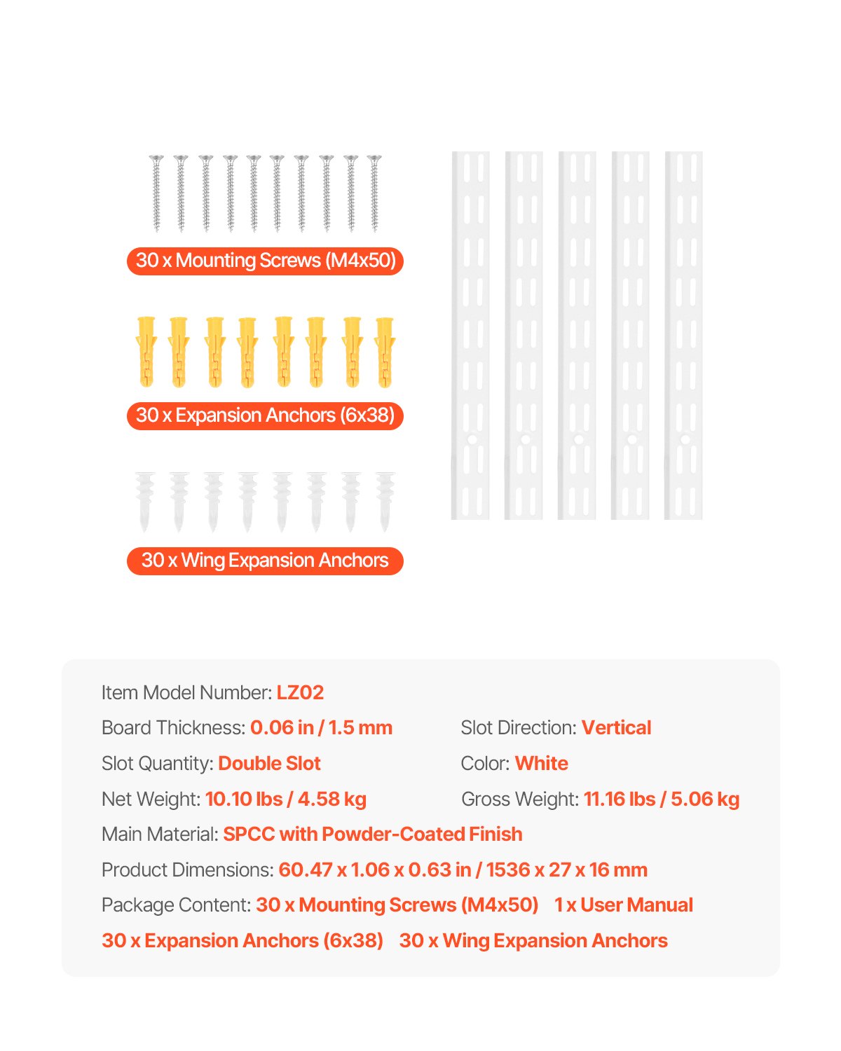 VEVOR 5 Piezas Rieles Verticales de Doble Ranura de 1536 x 27 x 16 mm, Sistema de Soporte Resistente con 25 Tornillos Ideales para Estanterías de Pared, Armarios y Organización, Color Blanco