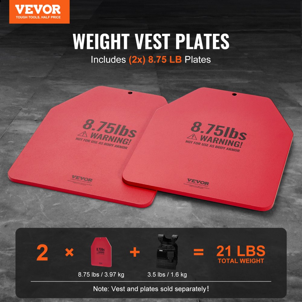 VEVOR Placas de Peso para Chalecos, 2 Placas de 4 kg, Acero Primera Calidad, Ajuste Ergonómico Contorneado, Peso Adicional, para Entrenamiento de Fuerza, Carrera, Fitness, 295 x 248 x 8 mm, Rojo