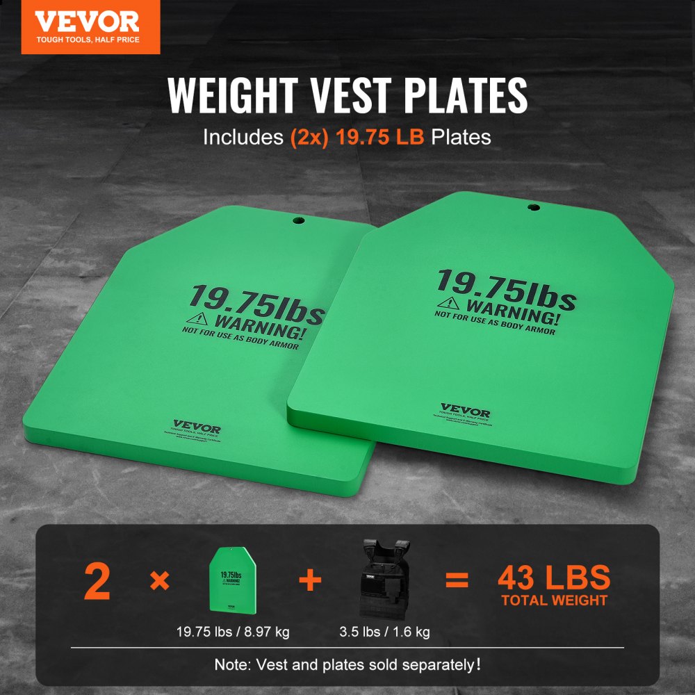 VEVOR Placas de Peso para Chalecos, 2 Placas de 9 kg, Acero Primera Calidad, Ajuste Ergonómico Contorneado, Peso Adicional, para Entrenamiento de Fuerza, Carrera, Fitness, 250 x 310 x 16 mm, Verde