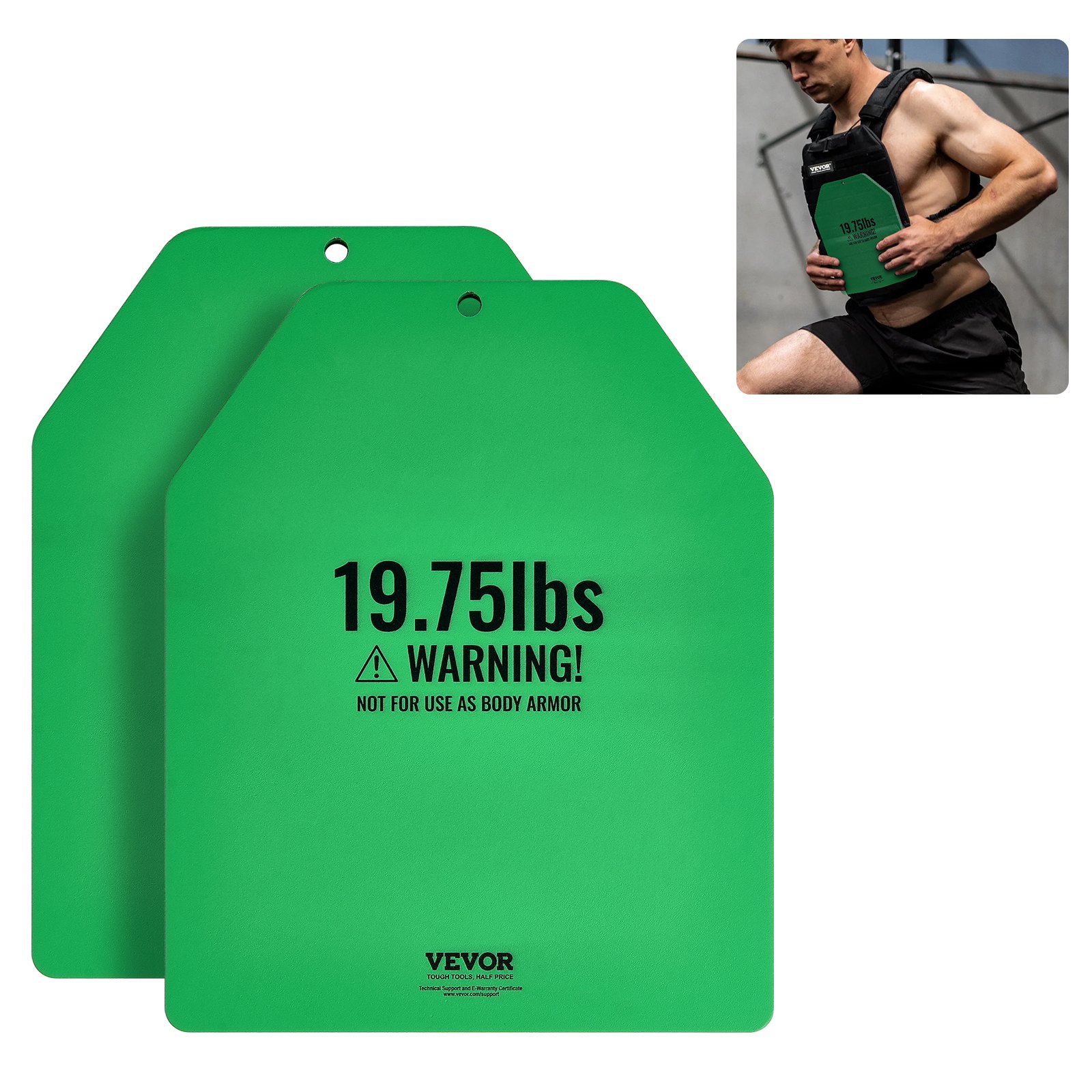 VEVOR Placas de Peso para Chalecos, 2 Placas de 9 kg, Acero Primera Calidad, Ajuste Ergonómico Contorneado, Peso Adicional, para Entrenamiento de Fuerza, Carrera, Fitness, 250 x 310 x 16 mm, Verde