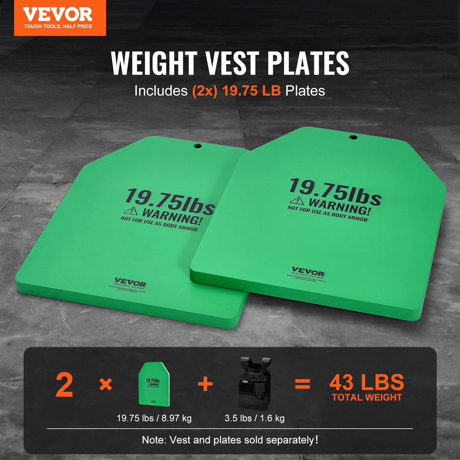 VEVOR Placas de Peso para Chalecos, 2 Placas de 9 kg, Acero Primera Calidad, Ajuste Ergonómico Contorneado, Peso Adicional, para Entrenamiento de Fuerza, Carrera, Fitness, 250 x 310 x 16 mm, Verde