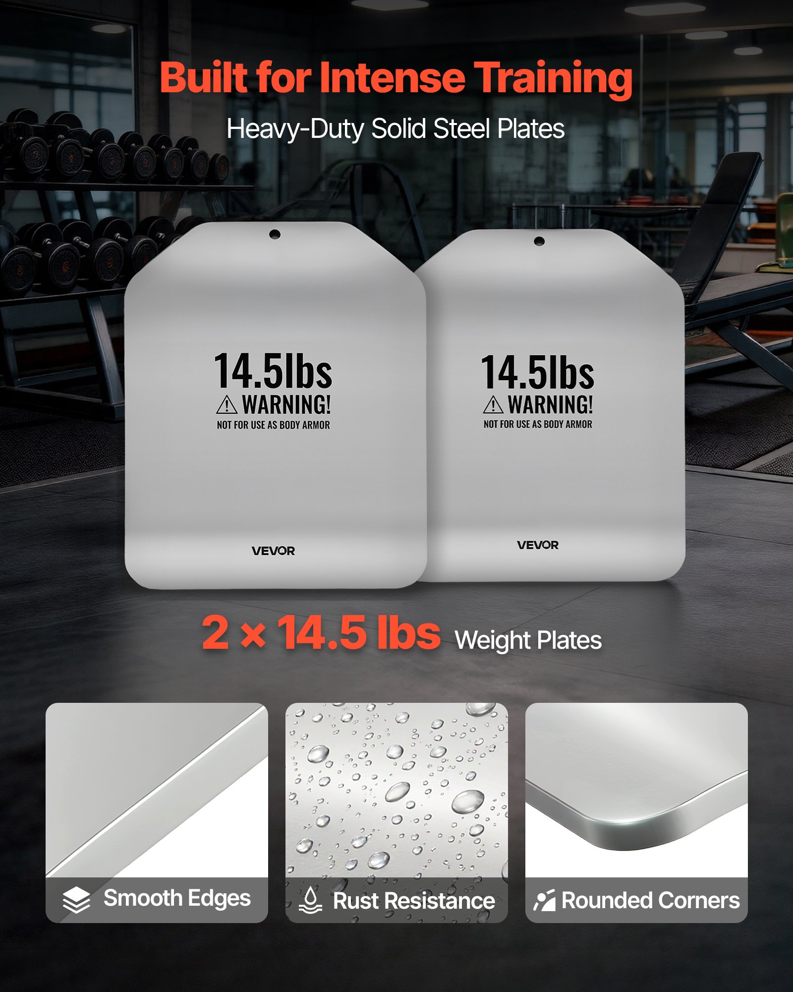 VEVOR Placas de Peso para Chalecos Curvas, 2 Placas Lastradas de 6,6 kg, Chaqueta de Peso de Acero, Diseño Ergonómico, para Entrenamiento de Fuerza, Carrera, Fitness, 301,5 x 250 x 27 mm, Gris