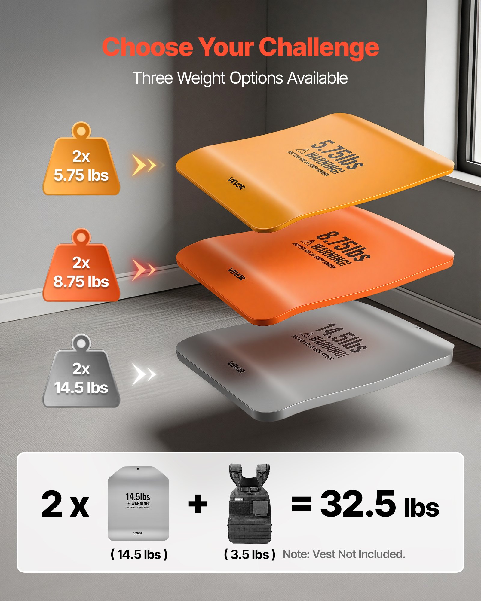 VEVOR Placas de Peso para Chalecos Curvas, 2 Placas Lastradas de 6,6 kg, Chaqueta de Peso de Acero, Diseño Ergonómico, para Entrenamiento de Fuerza, Carrera, Fitness, 301,5 x 250 x 27 mm, Gris