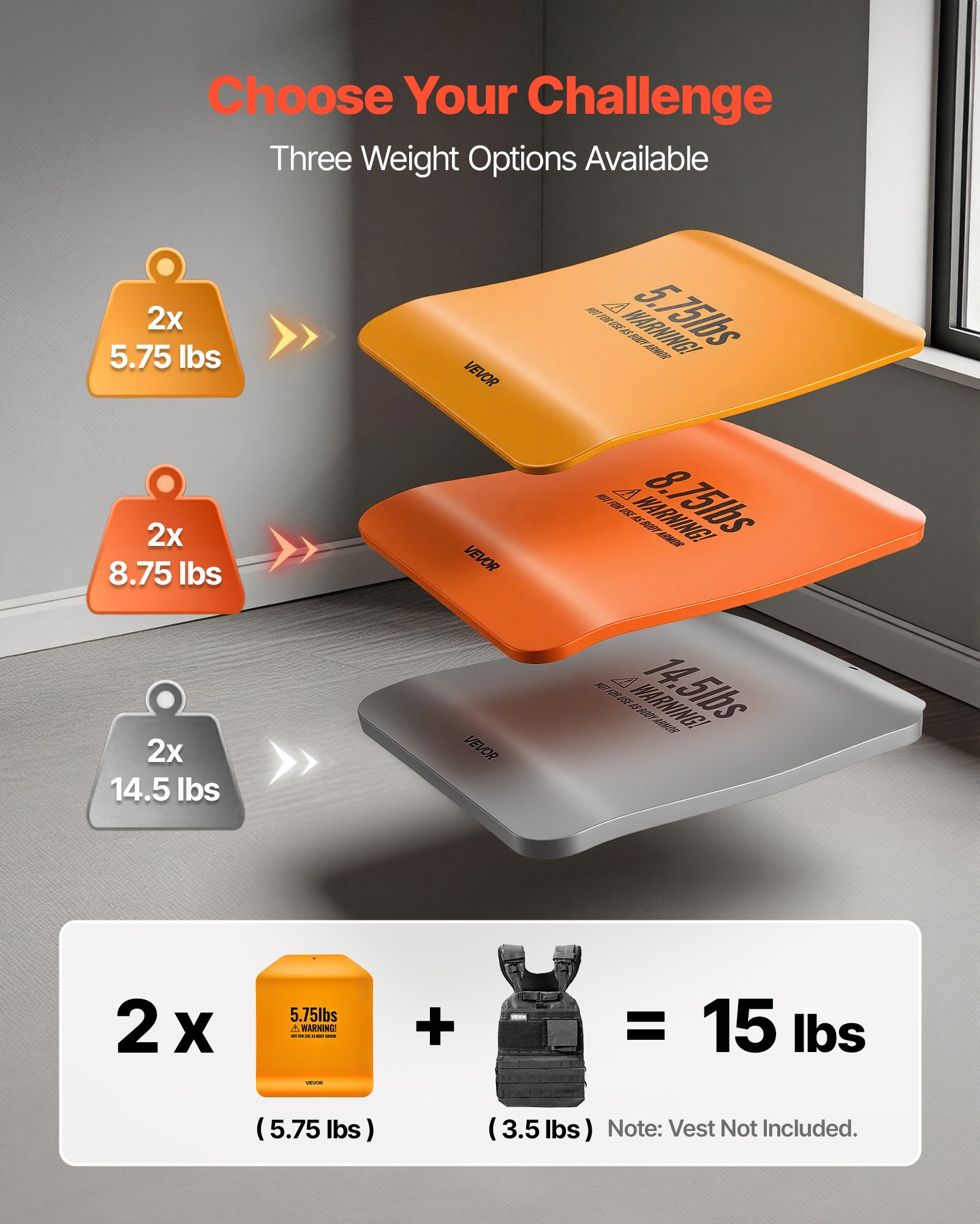 VEVOR Placas de Peso para Chalecos Curvas, 2 Placas Lastradas de 2,6 kg, Chaqueta de Peso de Acero, Diseño Ergonómico, para Entrenamiento de Fuerza, Carrera, Fitness, 295 x 240 x 30 mm, Amarillo