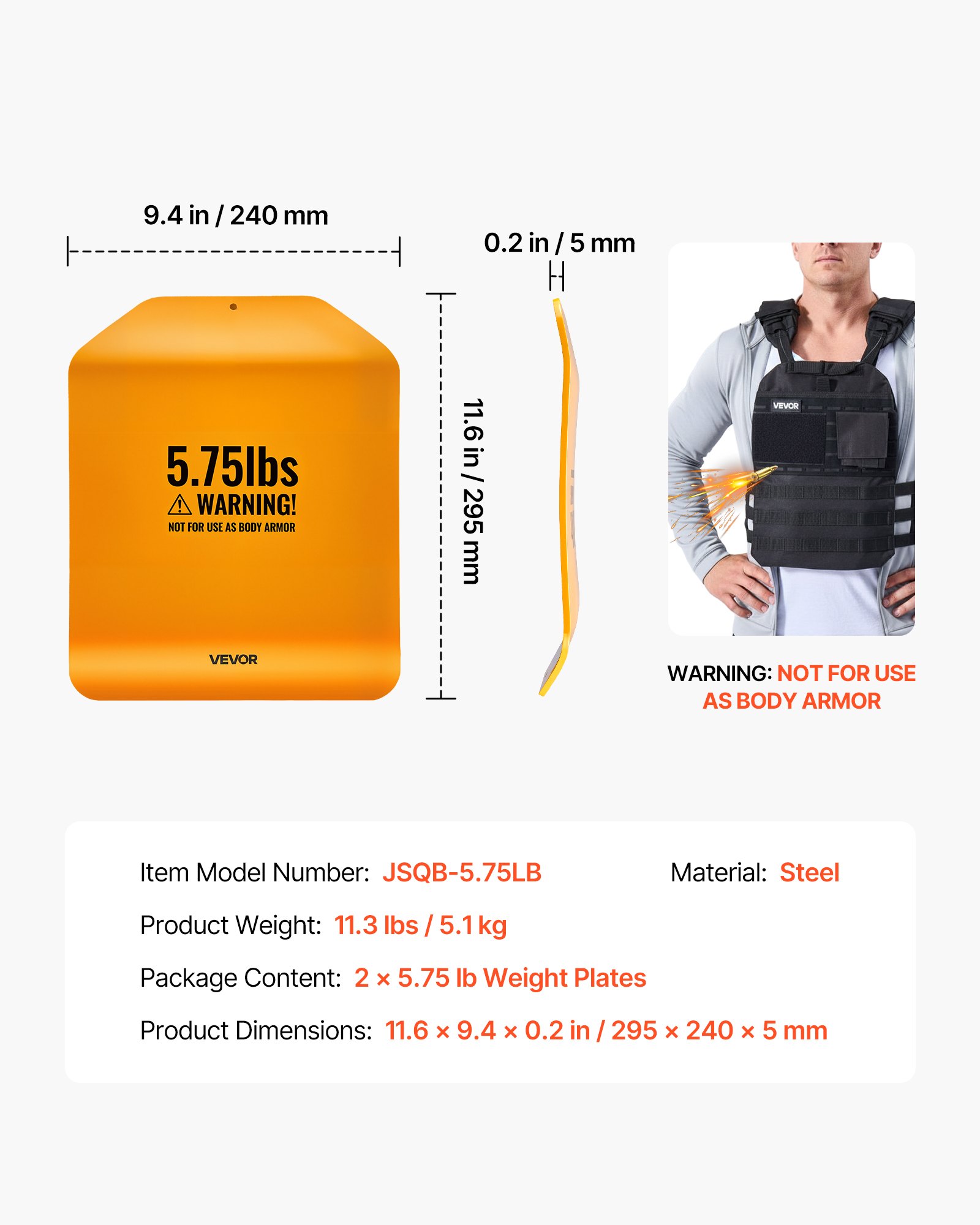 VEVOR Placas de Peso para Chalecos Curvas, 2 Placas Lastradas de 2,6 kg, Chaqueta de Peso de Acero, Diseño Ergonómico, para Entrenamiento de Fuerza, Carrera, Fitness, 295 x 240 x 30 mm, Amarillo