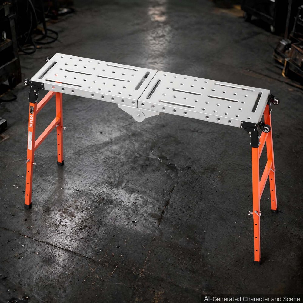 VEVOR Mesa de Soldadura Plegable 500 kg 1397 x 355,6 mm con Ruedas de Acero, con Altura Ajustable de 711-1092 mm, 5 Posiciones, Orificios de 14 mm y 12 Ranuras para Herramientas para Taller y Garaje