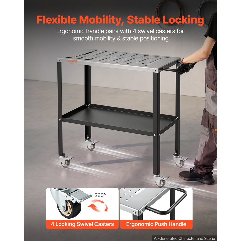 VEVOR Mesa de Soldadura 914 x 457 mm 544 kg Banco de Trabajo para Soldadura, con 4 Ruedas Giratorias de 360°, Orificios de 16 mm, 4 Ranuras para Herramientas y Estante Inferior para Taller y Garaje