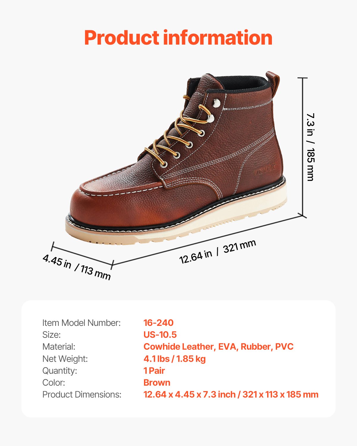 VEVOR Botas de Trabajo, Talla 10,5 EE. UU., con Puntera de Mocasín Impermeables, Antideslizantes y Transpirables con Suela de Goma EVA para la Industria de Construcción, Marrón, 321 x 113 x 185 mm