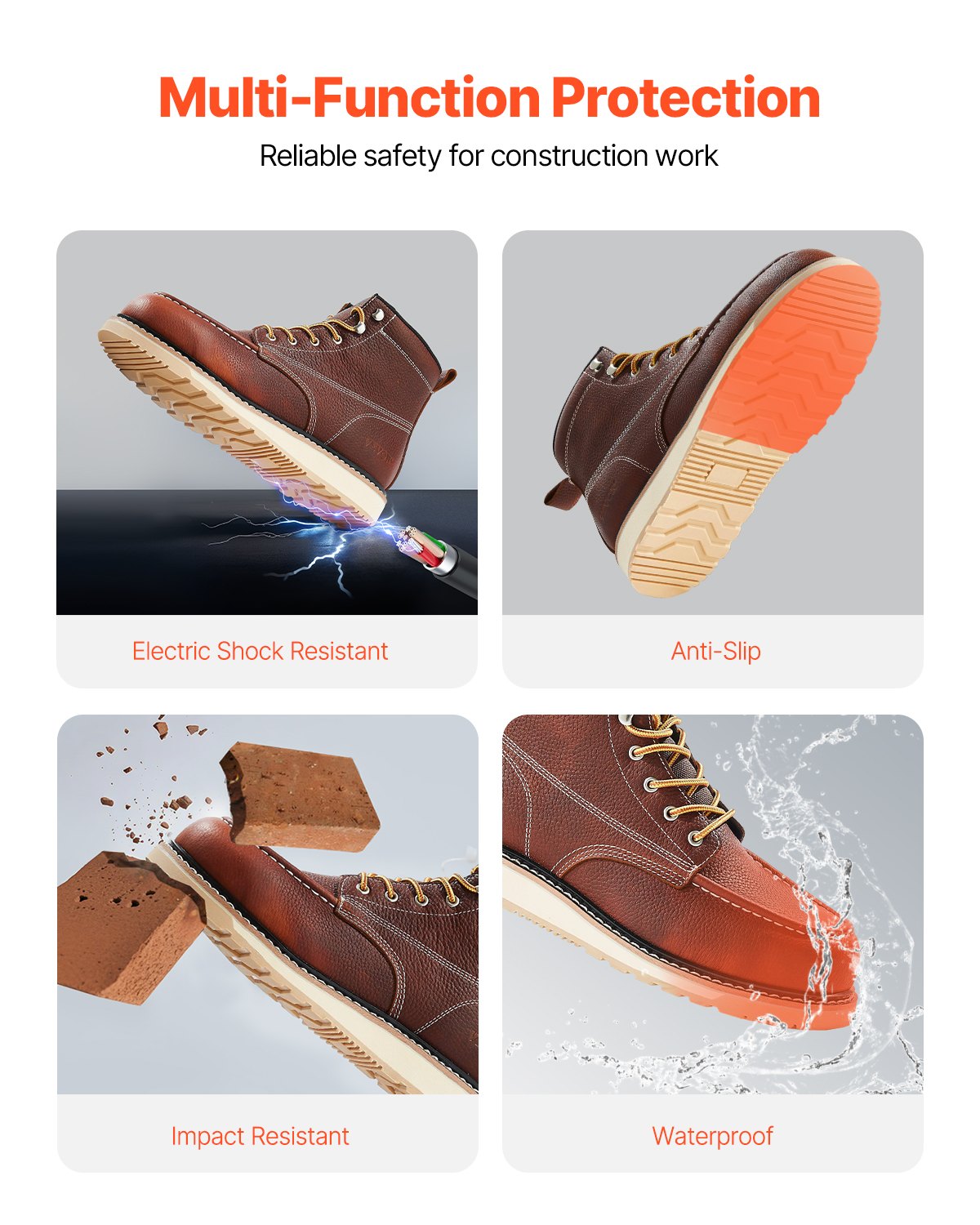 VEVOR Botas de Trabajo, Talla 12 EE. UU., con Puntera de Mocasín Impermeables, Antideslizantes y Transpirables con Suela de Goma EVA para la Industria de Construcción, Marrón, 330 x 120 x 195 mm