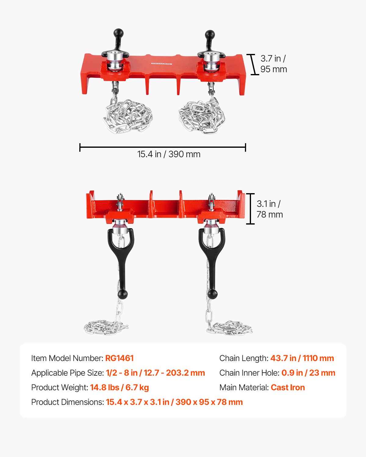VEVOR Tornillo de Banco para Soldar Tuberías de Hierro Fundido de Alta Resistencia, Abrazadera para Soldar Tuberías de 1,27 a 20,32 cm con Cadenas Dobles y Manivelas, para Una Variedad de Tuberías