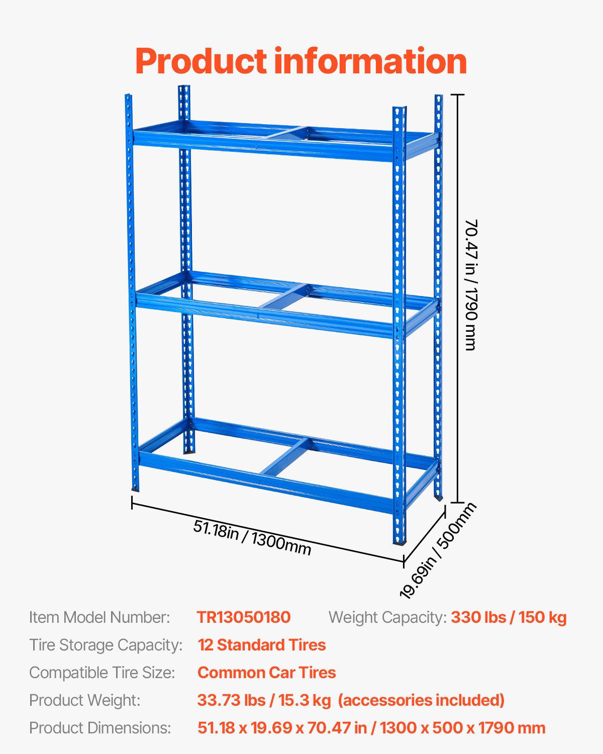 VEVOR Estante de Almacenamiento de Neumáticos, 2 Estantes con Capacidad para 12 Neumáticos Estándar, con Espacio Ajustable para Taller de Garaje, Capacidad de Carga de 150 kg, 1300 x 500 x 1790 mm