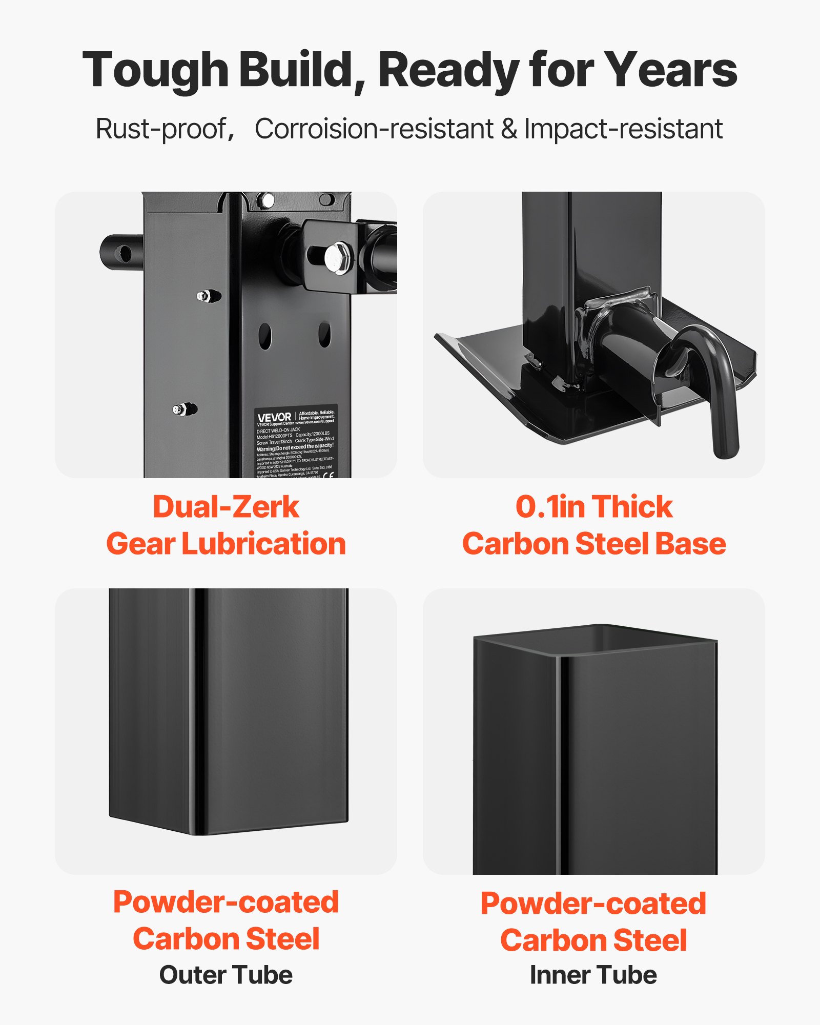 VEVOR Gato para Remolque Cuadrado para Soldar, Capacidad de Carga de 5443 kg, Carrera de 330 mm, con Manivela, Pie Ajustable, Eleva hasta 67,4 cm, para Remolques de Caravanas, Utilitarios y Yates