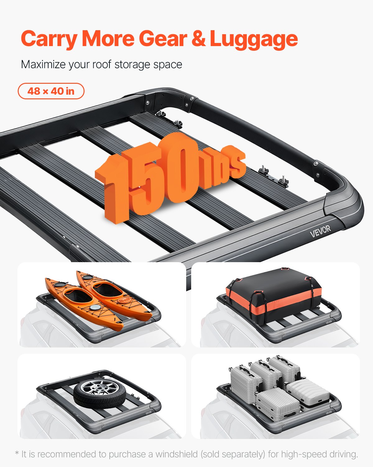 VEVOR Roof Rack Basket, Car Roof Basket (1216 x 1020 x 142 mm), Universal Roof Rack Made of Stainless Alloy Steel (68 kg Max Load Capacity), Car Roof Rack for SUVs and Trucks