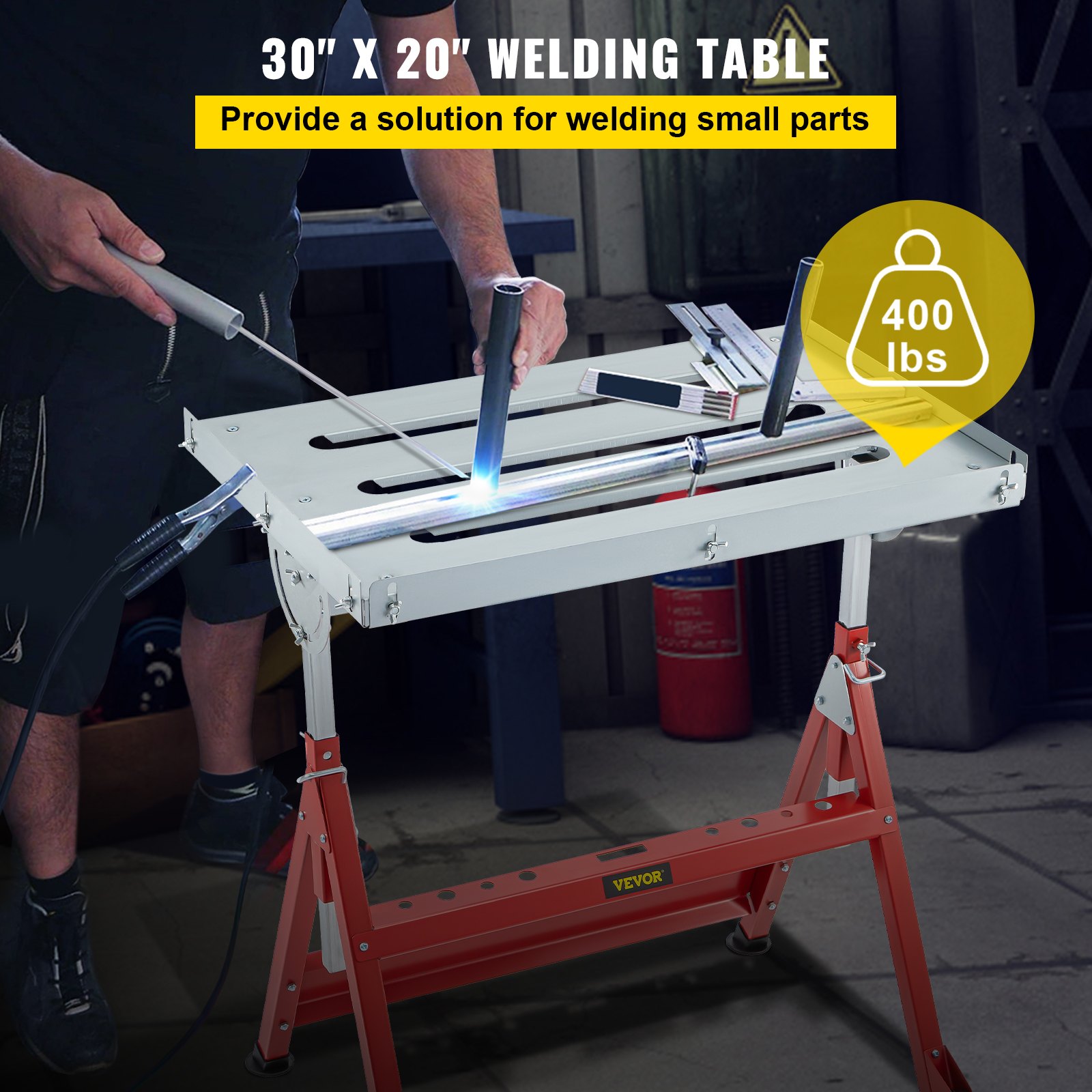 VEVOR Mesa de Soldadura Plegable 760 x 510 mm, Carga 181 kg Mesa de Trabajo para Soldar, Ángulo 0° 30° 90° Altura 780/830 / 880/930 mm Mesa Banco de Soldadura con Ruedas para Tallar y Montajes