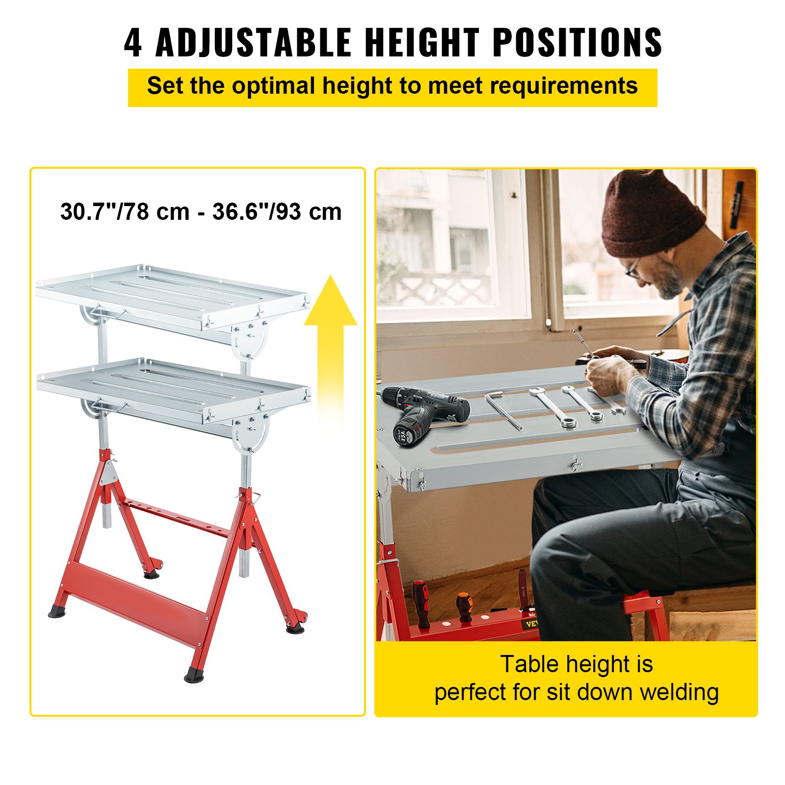 VEVOR Mesa de Soldadura Plegable 760 x 510 mm, Carga 181 kg Mesa de Trabajo para Soldar, Ángulo 0° 30° 90° Altura 780/830 / 880/930 mm Mesa Banco de Soldadura con Ruedas para Tallar y Montajes