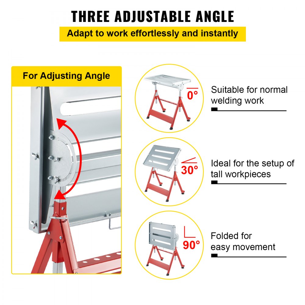VEVOR Mesa de Soldadura Plegable 915 x 610 mm, Carga 295 kg Mesa de Trabajo para Soldar, Ángulo 0° 30° 90° Altura 780/830 / 880/930 mm Mesa Banco de Soldadura con Ruedas para Tallar y Montajes