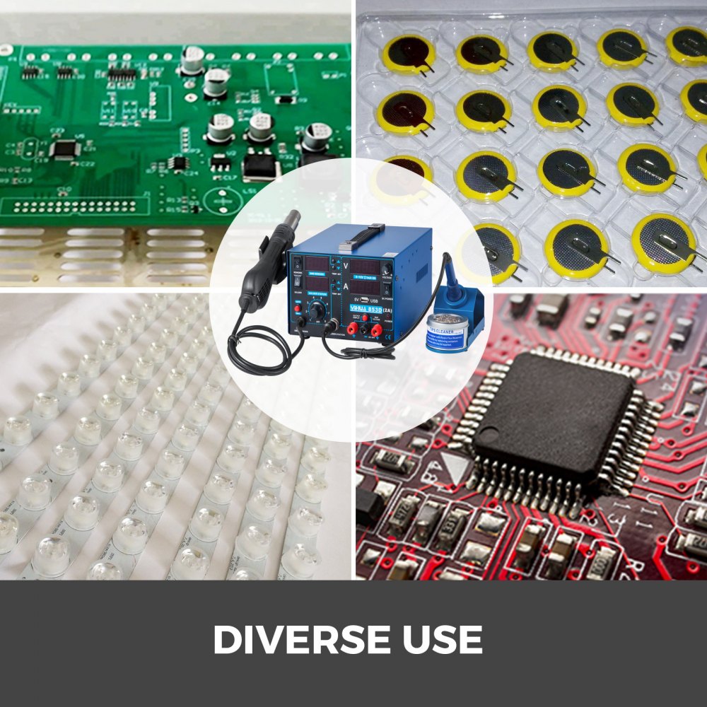 VEVOR Estacion Soldadura 800 W 3 en 1, Estacion de Soldadura Digital SMD Flujo Aire Máx 120 L/Min, Estación de Soldadura de Retrabajo 100°C～480°C, con 4 Pantallas LCD para Reparación de Teléfonos