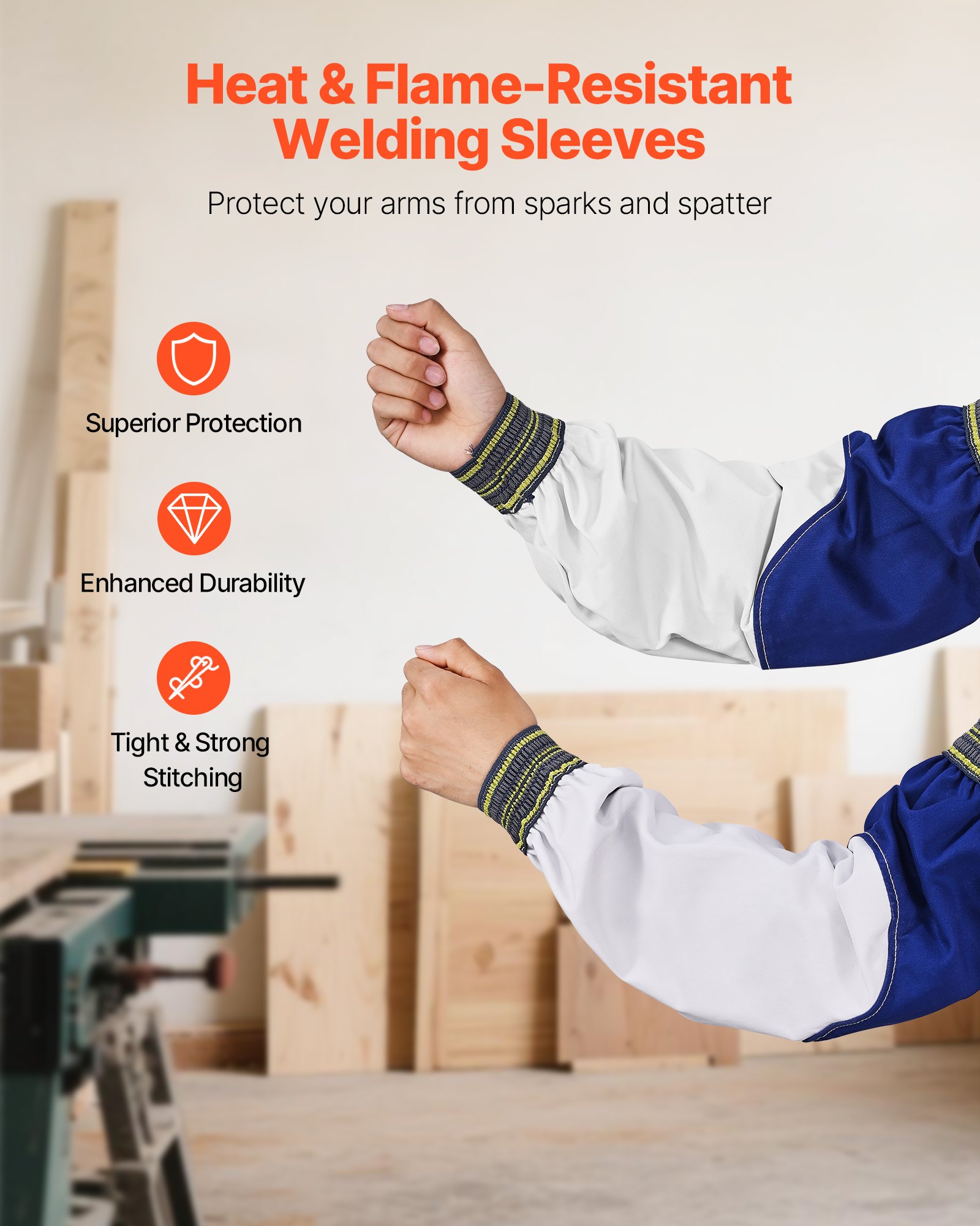 VEVOR Flame Resistant Welding Sleeves, Heavy Duty Sheepskin & FR Cotton Arm Protection Sleeves for Men Women, Heat Resistant with Elastic Cuffs for Welding, Woodworking, Blacksmithing