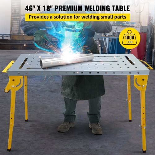 VEVOR Mesa de soldadura Plegable 46" x 18" Banco de Trabajo Portátil de Acero con Capacidad de Peso de 1000 lbs 4 Mesas de Trabajo de Altura Ajustable con Patas Plegables, Asa de Transporte y 2 Ruedas