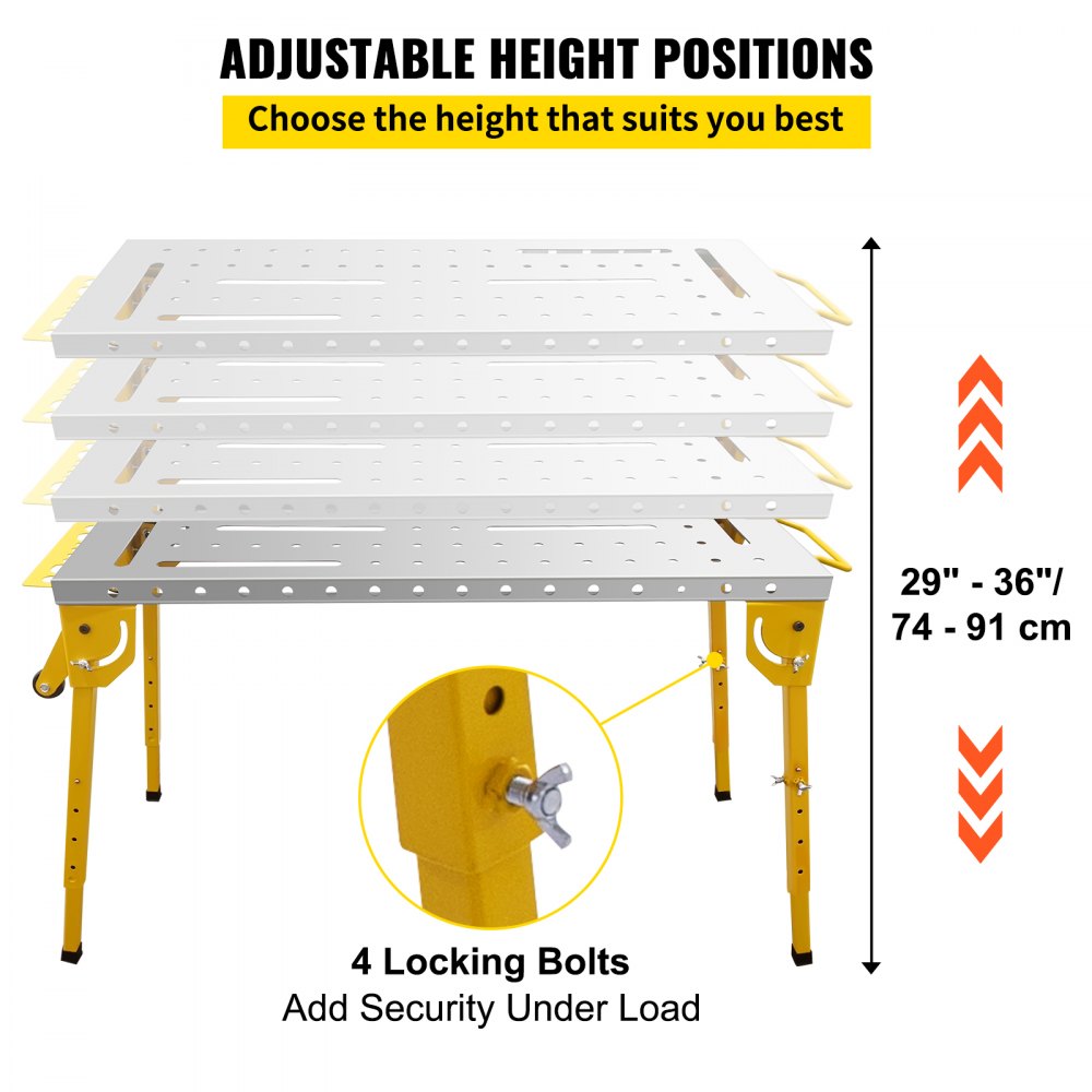 VEVOR Mesa de soldadura Plegable 46" x 18" Banco de Trabajo Portátil de Acero con Capacidad de Peso de 1000 lbs 4 Mesas de Trabajo de Altura Ajustable con Patas Plegables, Asa de Transporte y 2 Ruedas