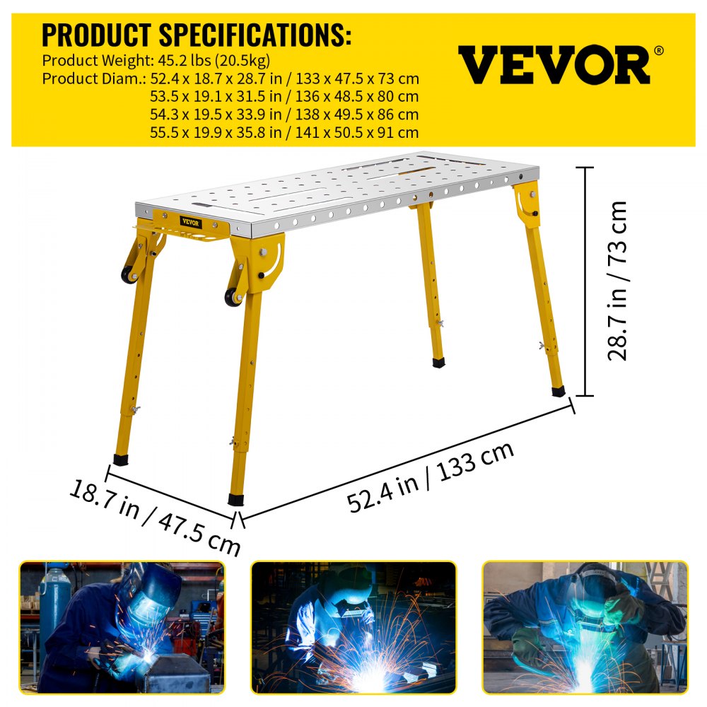 VEVOR Mesa de soldadura Plegable 46" x 18" Banco de Trabajo Portátil de Acero con Capacidad de Peso de 1000 lbs 4 Mesas de Trabajo de Altura Ajustable con Patas Plegables, Asa de Transporte y 2 Ruedas