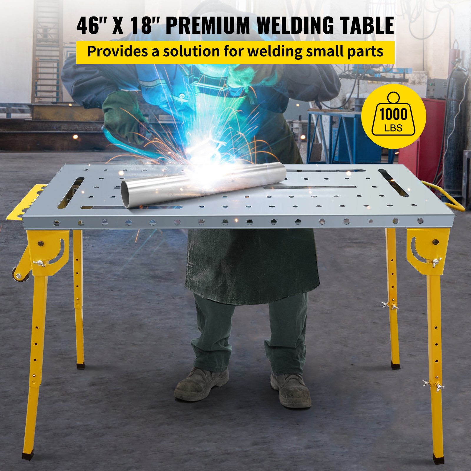 VEVOR Mesa de soldadura Plegable 46" x 18" Banco de Trabajo Portátil de Acero con Capacidad de Peso de 1000 lbs 4 Mesas de Trabajo de Altura Ajustable con Patas Plegables, Asa de Transporte y 2 Ruedas