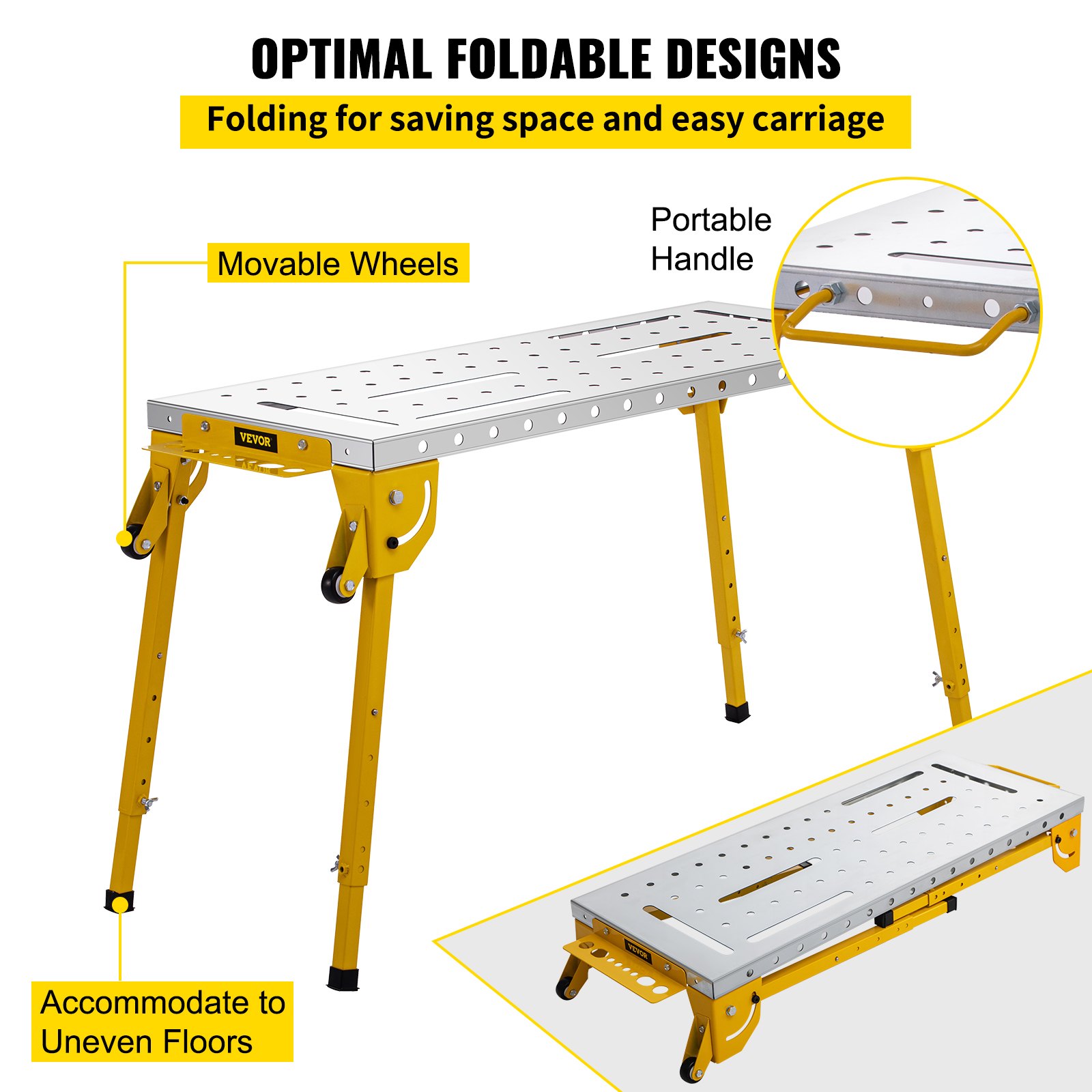 VEVOR Mesa de soldadura Plegable 46" x 18" Banco de Trabajo Portátil de Acero con Capacidad de Peso de 1000 lbs 4 Mesas de Trabajo de Altura Ajustable con Patas Plegables, Asa de Transporte y 2 Ruedas