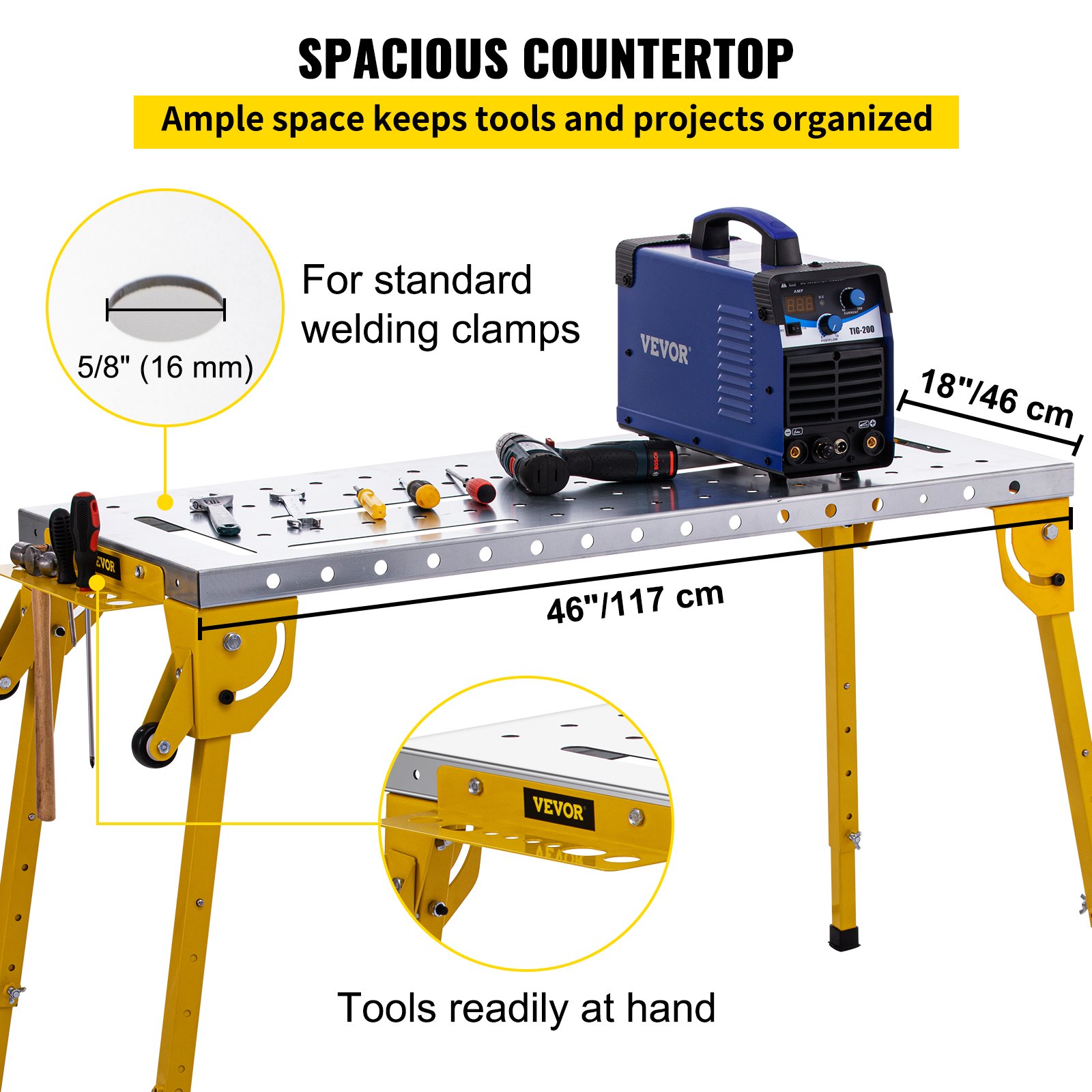 VEVOR Mesa de soldadura Plegable 46" x 18" Banco de Trabajo Portátil de Acero con Capacidad de Peso de 1000 lbs 4 Mesas de Trabajo de Altura Ajustable con Patas Plegables, Asa de Transporte y 2 Ruedas
