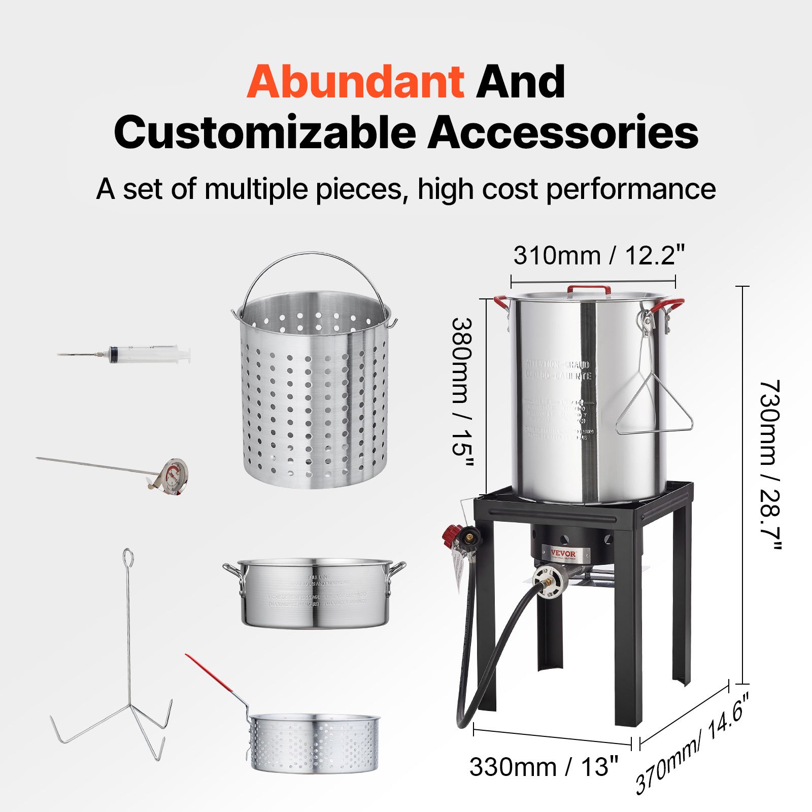 VEVOR Freidora de Pavo Juego de Vaporizador de Pavo 30 cuartos Pescado 10 cuartos Olla para Freír de Aluminio para Exterior Hervidor de Gas Propano con Quemador 54.000 BTU con Cestas Rejilla Perforada