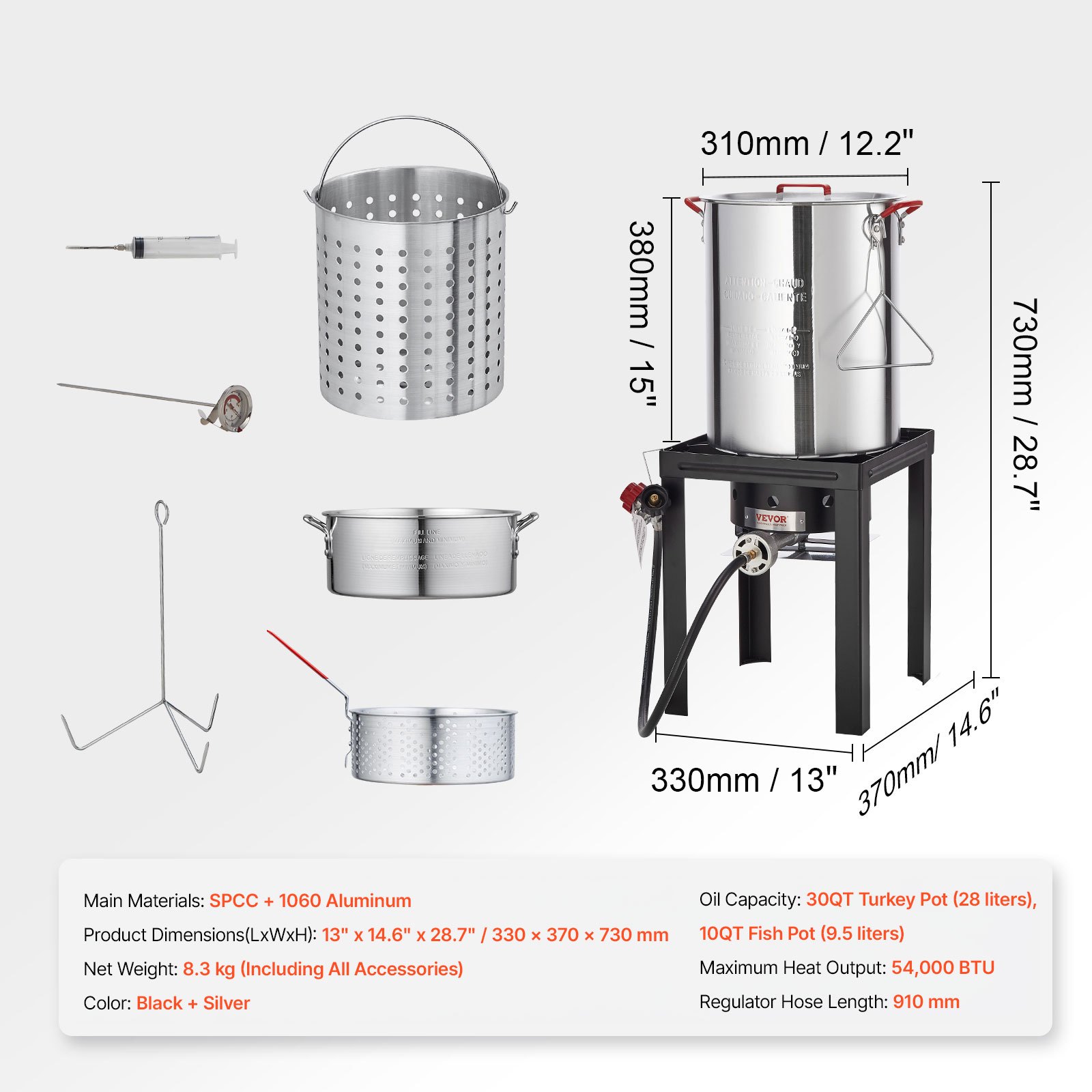 VEVOR Freidora de Pavo Juego de Vaporizador de Pavo 30 cuartos Pescado 10 cuartos Olla para Freír de Aluminio para Exterior Hervidor de Gas Propano con Quemador 54.000 BTU con Cestas Rejilla Perforada