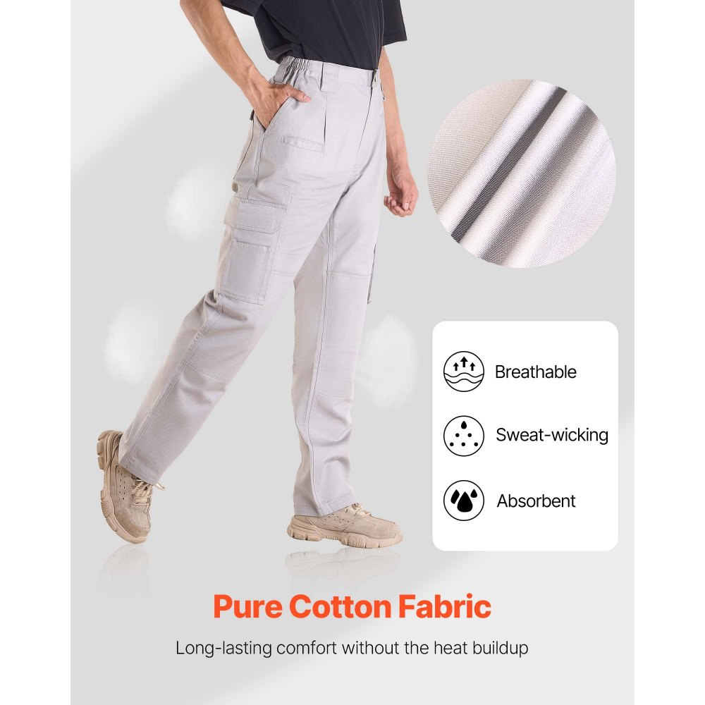 VEVOR FR Pants for Men, 100% Cotton, Flame-Resistant Cargo Pants with Multi-Pockets and Elastic Waist, Reinforced Tear-proof Stitching, Ideal for Welding Work and Casual Wear, L Size, Gray