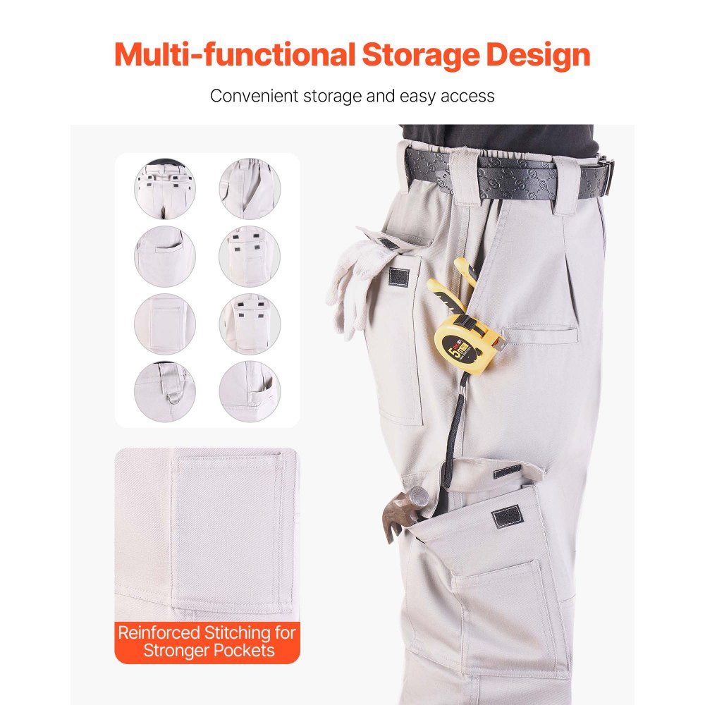 VEVOR FR Pants for Men, 100% Cotton, Flame-Resistant Cargo Pants with Multi-Pockets and Elastic Waist, Reinforced Tear-proof Stitching, Ideal for Welding Work and Casual Wear, L Size, Gray
