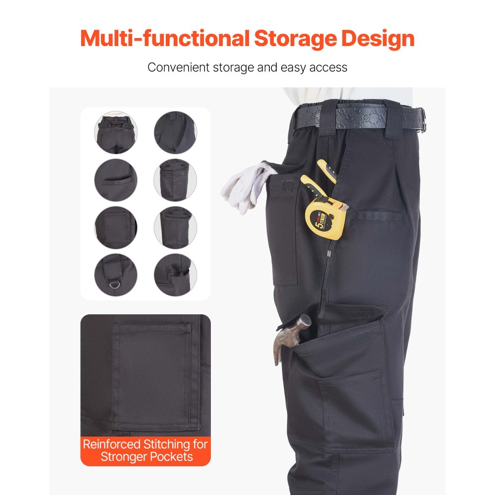 VEVOR Pantalones Resistentes al Fuego, Hombre, 100 % Algodón, con Múltiples Bolsillos y Cintura Elástica, Costuras Reforzadas Antidesgarro, a Trabajos de Soldadura y Ropa Informal, Talla L, Negro